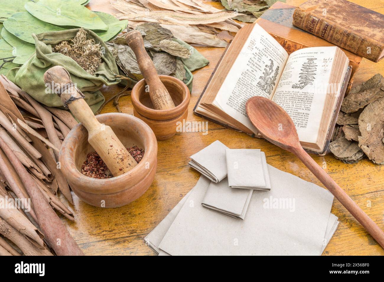 Scena apotecaristica / erboristica con "carte" preparate di dose di rimedi prescritti in preparazione, pestello di legno e mortaio, più erbe francesi aperte Foto Stock