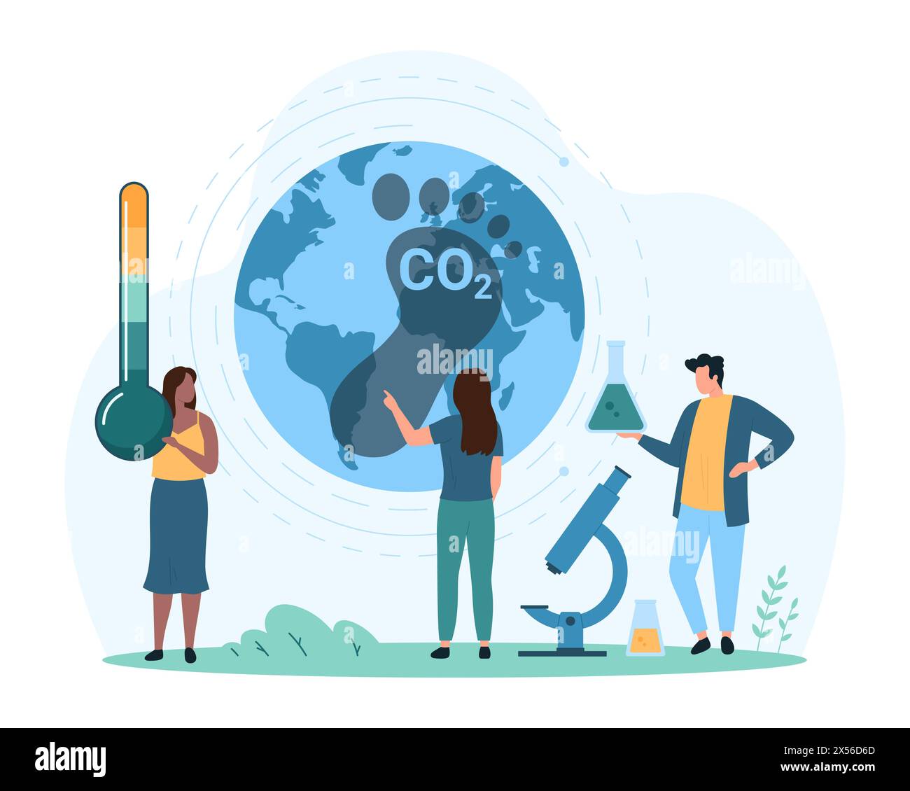 Impronta di anidride carbonica. Le persone piccole studiano un piede grande di CO2 sul globo terrestre con termometro e matraccio di test chimici per valutare l'effetto delle emissioni sull'ambiente illustrazione del vettore cartoon Illustrazione Vettoriale