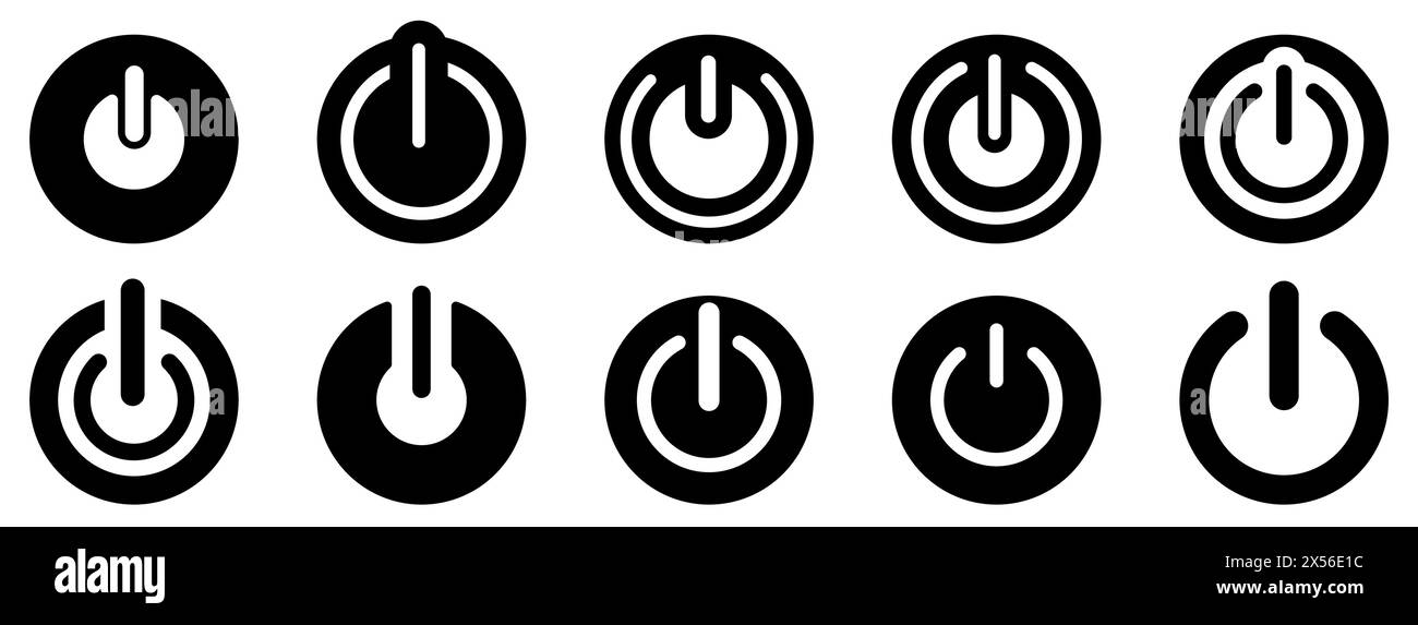 Icona On-Off. Set di pulsanti di alimentazione neri. Illustrazione vettoriale Illustrazione Vettoriale