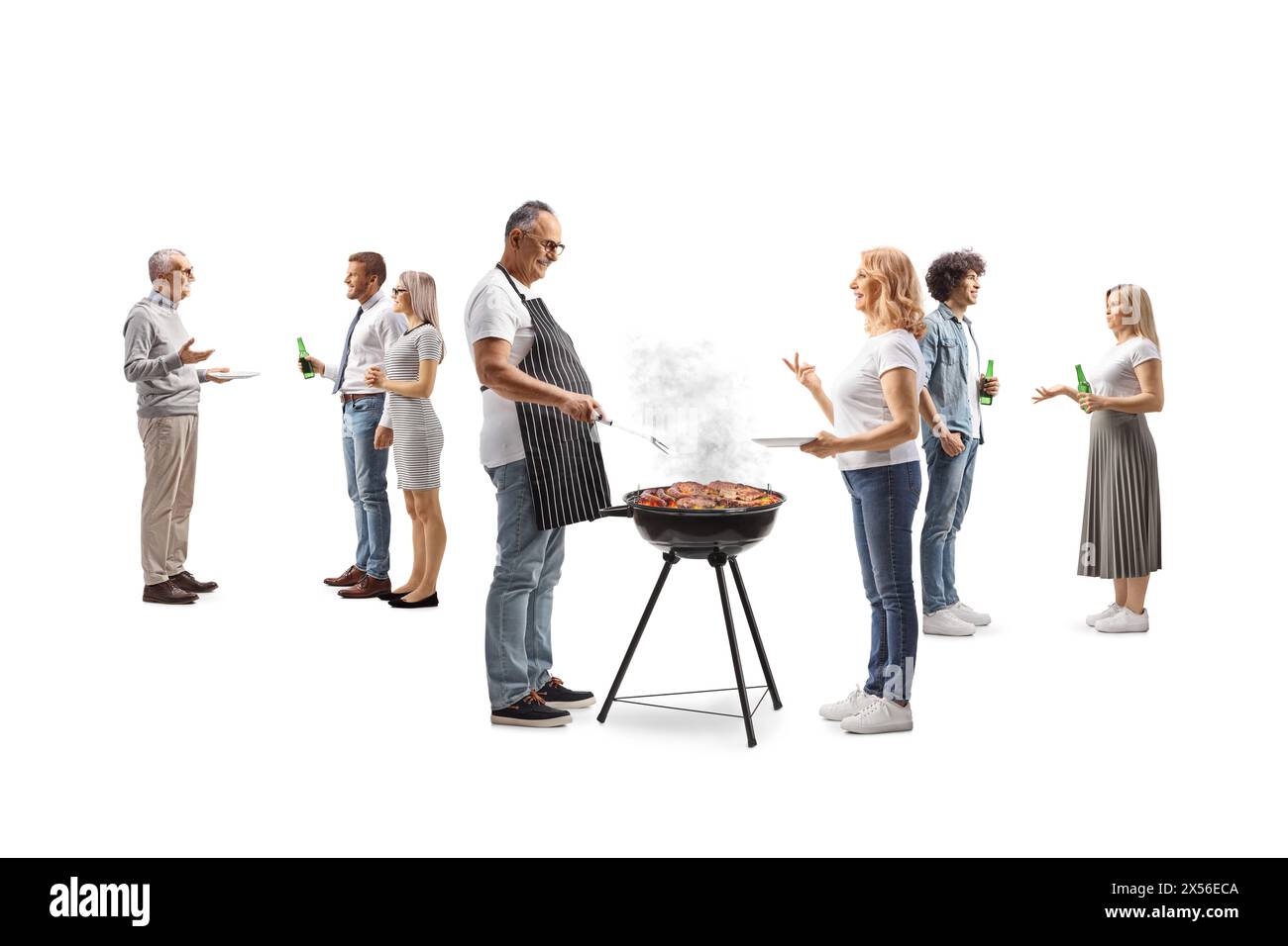 Persone che chiacchierano a una festa al barbecue isolate su sfondo bianco Foto Stock
