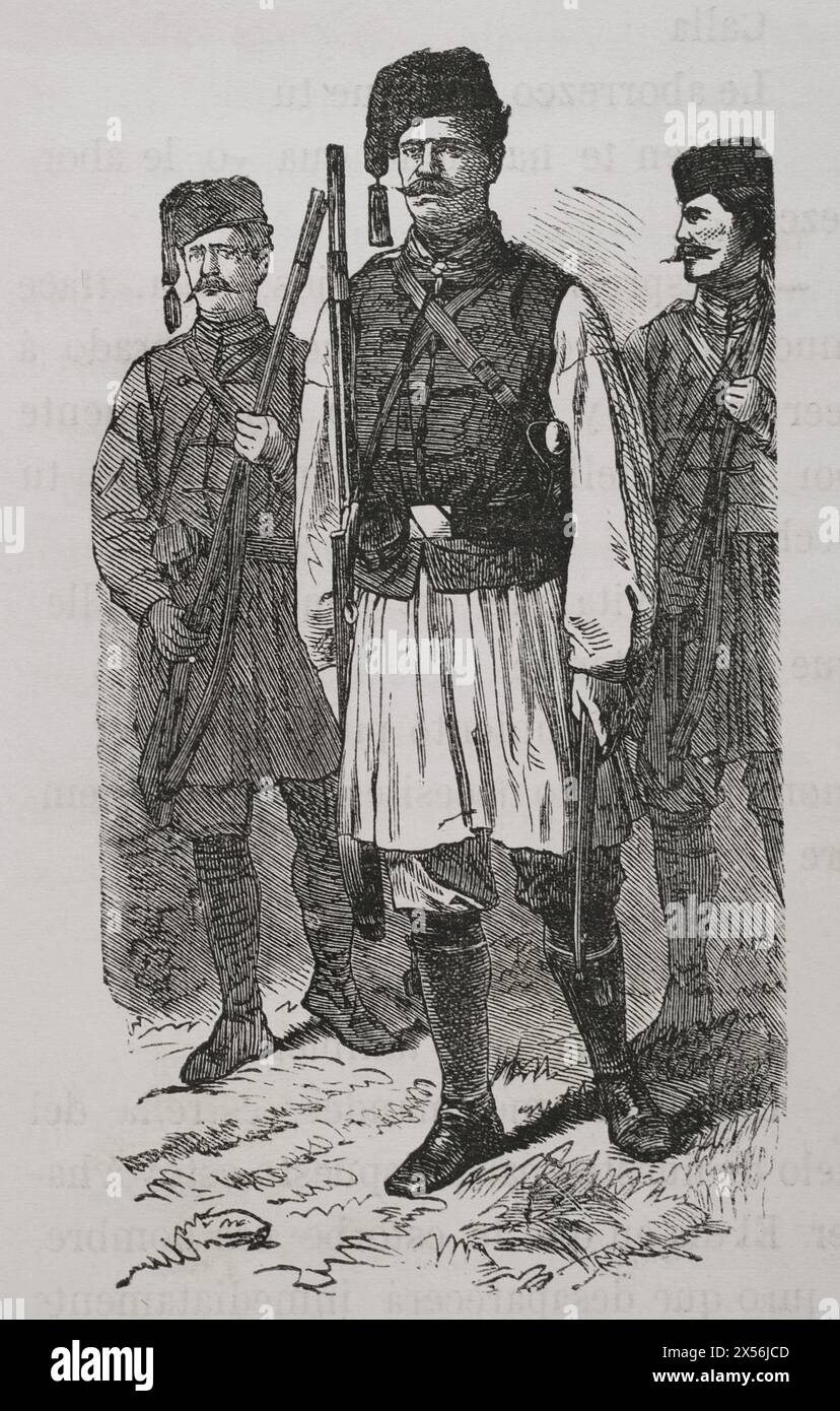 Guerra russo-turca (1877-1878). Truppe irregolari serbe. Incisione. "La Guerra de Oriente" (la guerra russo-turca). Volume I. 1877. Foto Stock