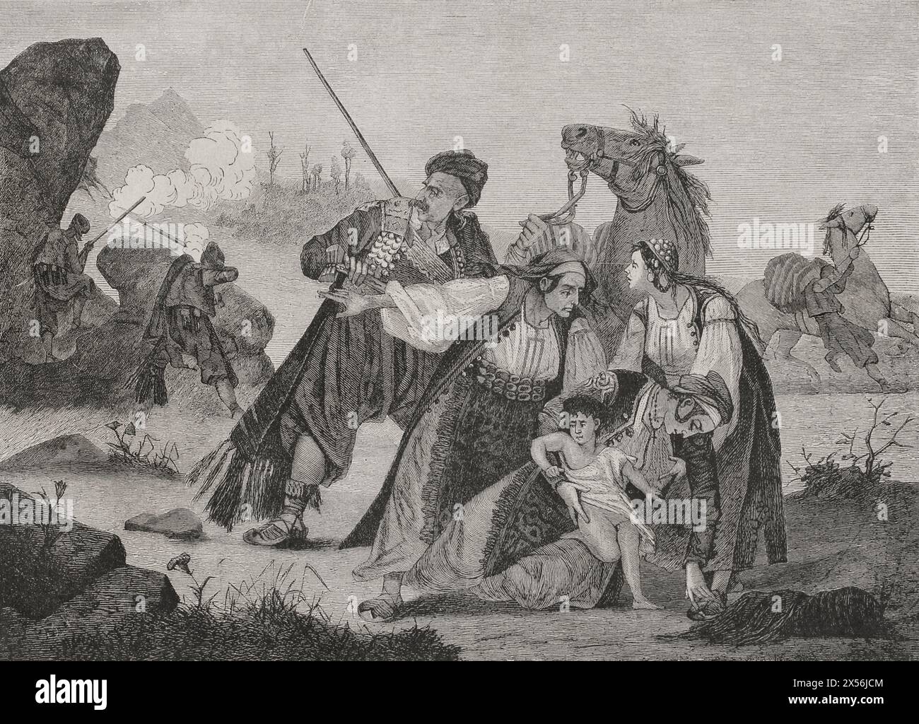 Guerra russo-turca (1877-1878). La famiglia Herzegovinian attaccata dai turchi. Incisione. "La Guerra de Oriente". Volume I. 1877. Foto Stock