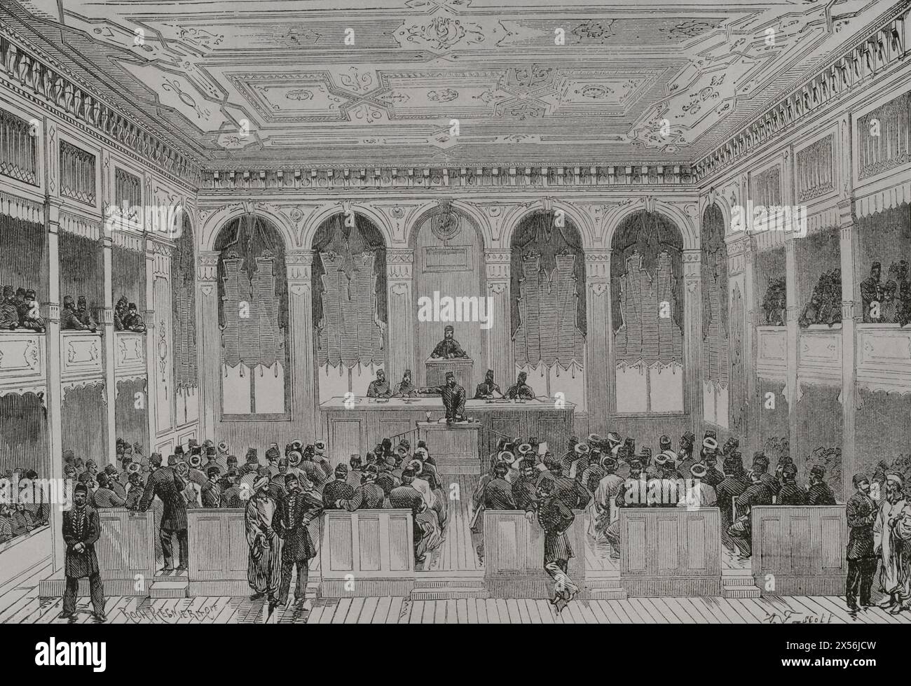 Istanbul, Turchia. Una sessione del Parlamento turco. Incisione di Roch-Regnier. "La Guerra de Oriente" (la guerra russo-turca). Volume I. 1877. Foto Stock
