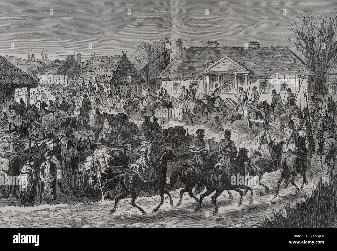 Guerra russo-turca (1877-1878). Esercito imperiale russo. Una sotnia dei cosacchi Don diretta a Kischeneff. Incisione. "La Guerra de Oriente" (la guerra russo-turca). Volume I. 1877. Foto Stock