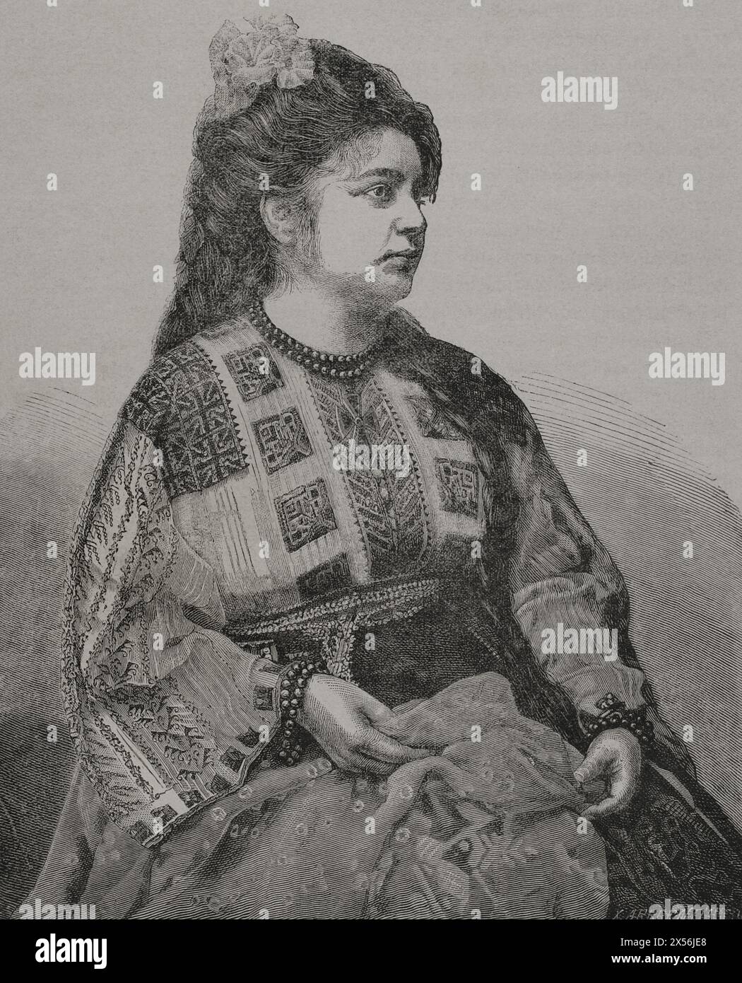 Donna rumena che indossa un costume tradizionale. Incisione di Richard Brend'amour. "La Guerra de Oriente" (la guerra russo-turca). Volume I. 1877. Foto Stock