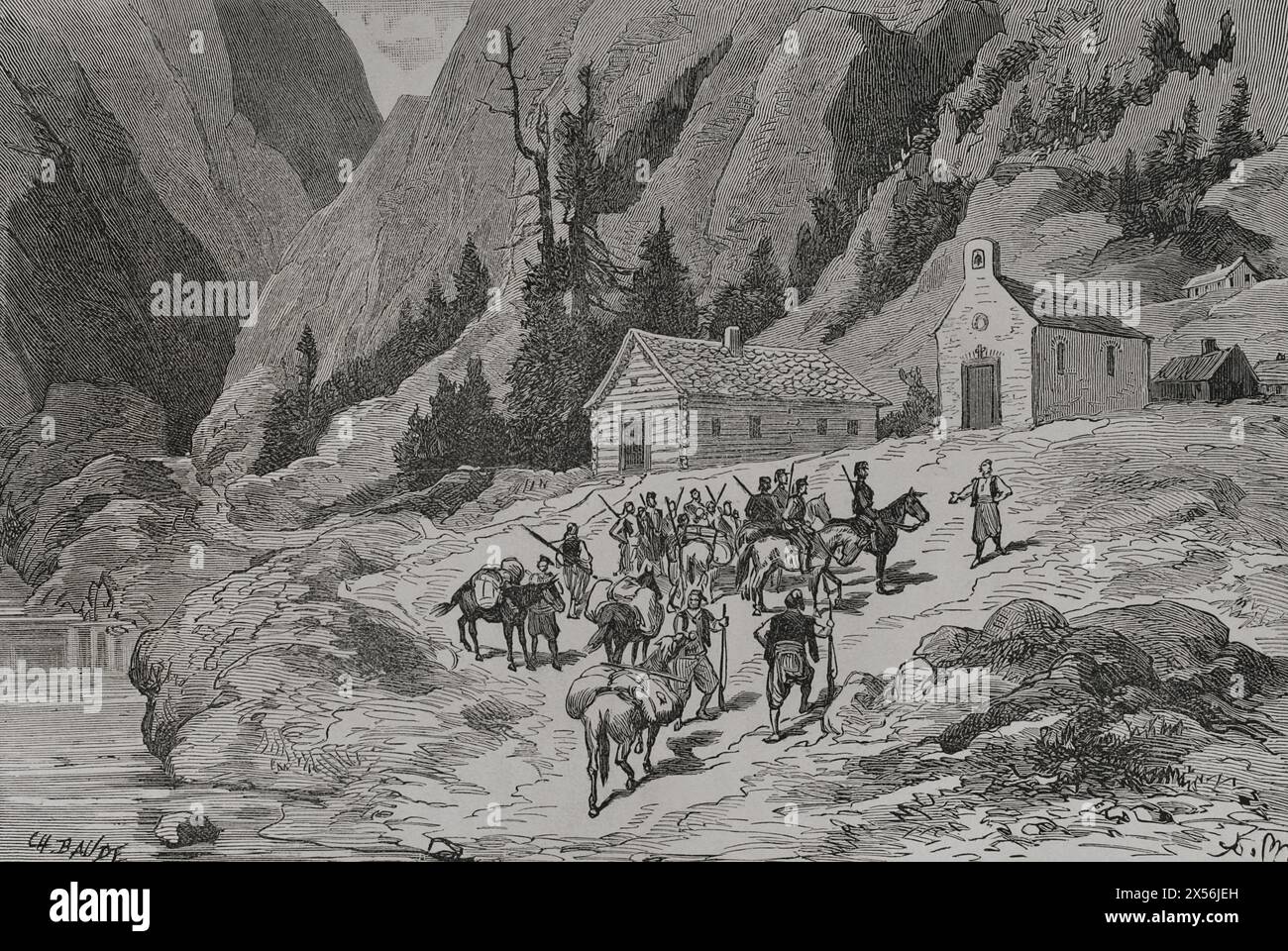 Guerra russo-turca (1877-1878). I capi Mirditor ispezionano i cottage di montagna. Incisione di Charles Baude. "La Guerra de Oriente" (la guerra russo-turca). Volume I. 1877. Foto Stock