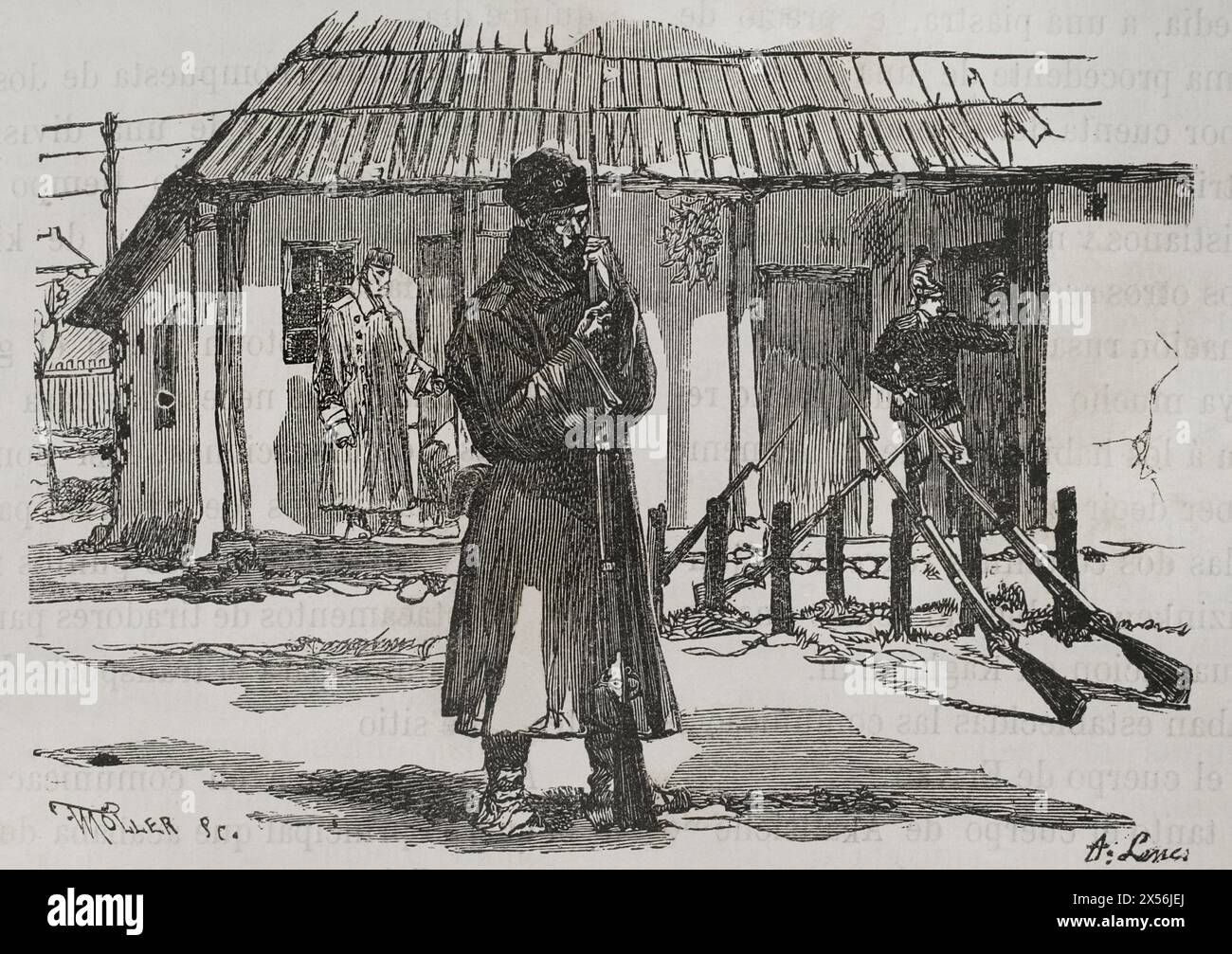 Guerra russo-turca (1877-1878). Il 24 aprile 1877 la Russia dichiarò guerra all'Impero ottomano e le sue truppe attraversarono il territorio rumeno. Postazione dei soldati russi sulla riva sinistra del Danubio. Incisione di Moller. "La Guerra de Oriente" (la guerra russo-turca). Volume I. 1877. Foto Stock
