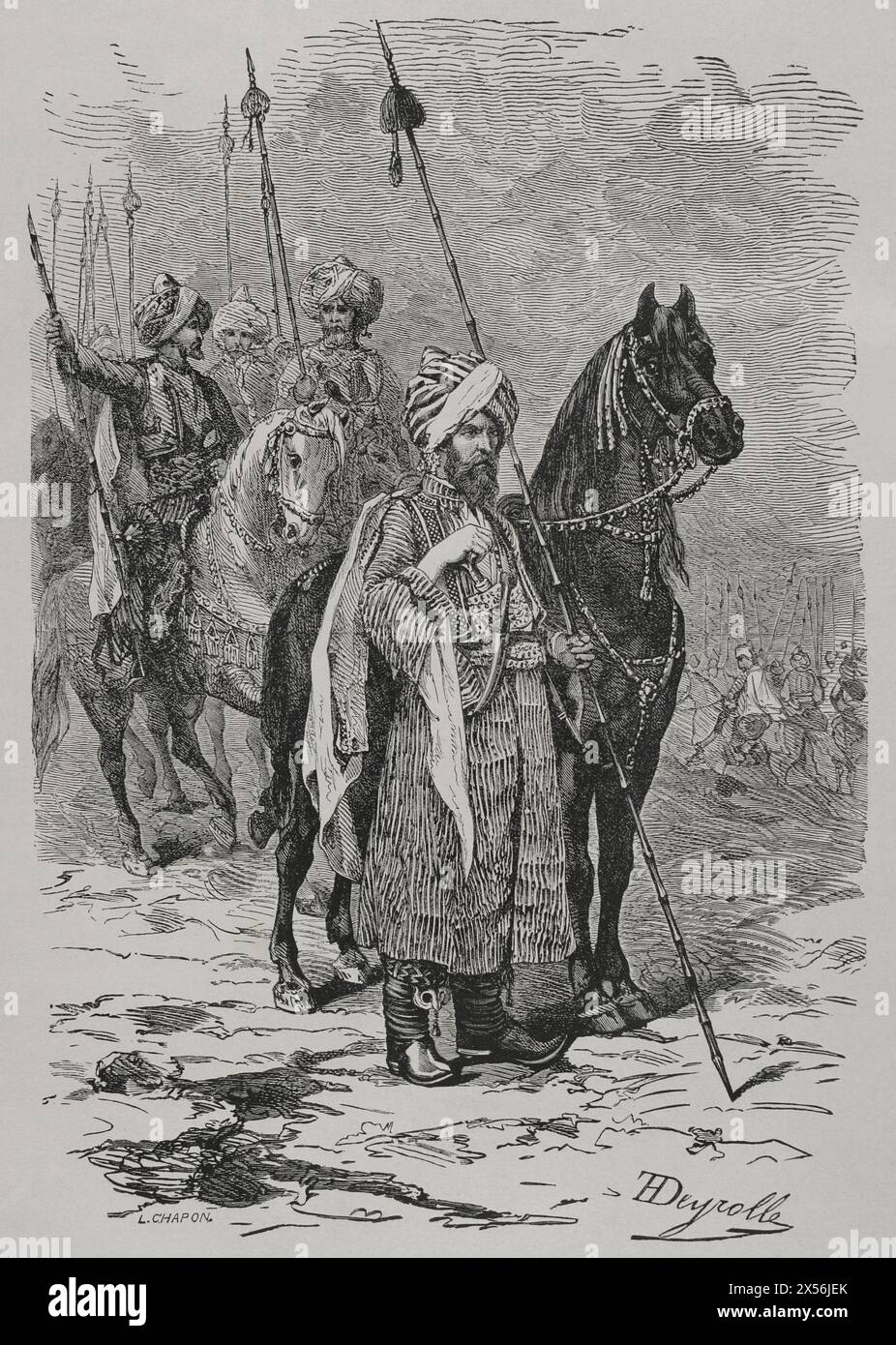 Guerra russo-turca (1877-1878). Cavalleria curda dell'esercito turco. Incisione di L. Chapon e Théophile Deyrolle. "La Guerra de Oriente" (la guerra russo-turca). Volume I. 1877. Foto Stock