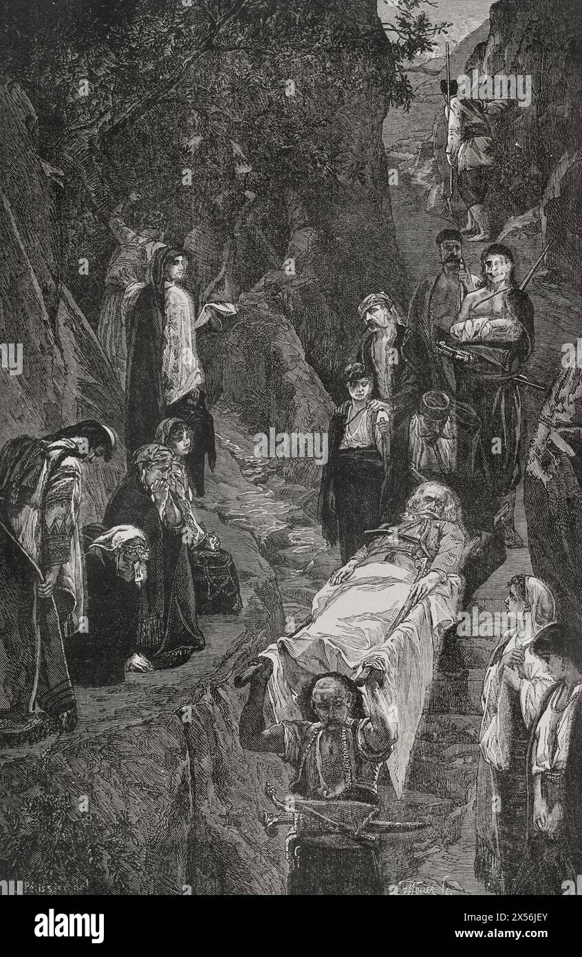 Guerra russo-turca (1877-1878). Trasporto di un leader montenegrino ferito a morte. Il Montenegro fu alleato con l'Impero russo e la Serbia durante il conflitto. Incisione di Moller. "La Guerra de Oriente" (la guerra russo-turca). Volume I. 1877. Foto Stock
