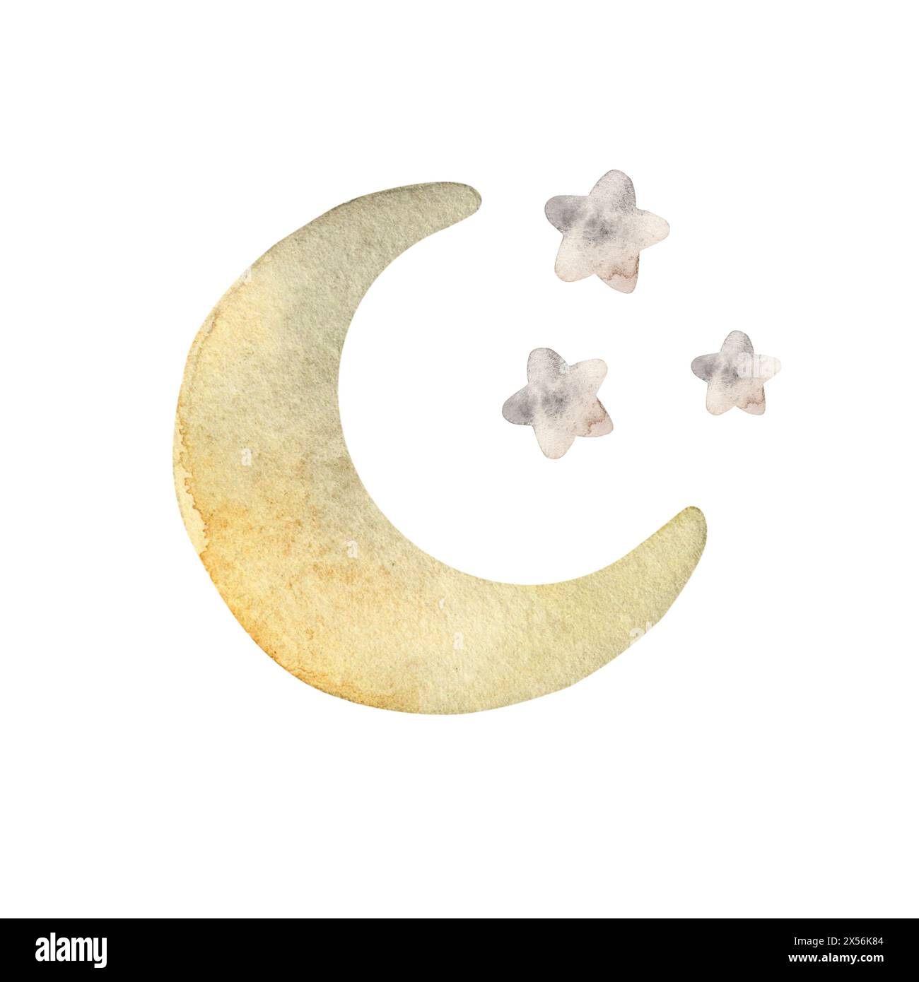 Composizione con una luna gialla e stelle d'argento. Illustrazione isolata ad acquerello per carte, adesivi, tessuti, design, inviti, sito web, logo. Foto Stock