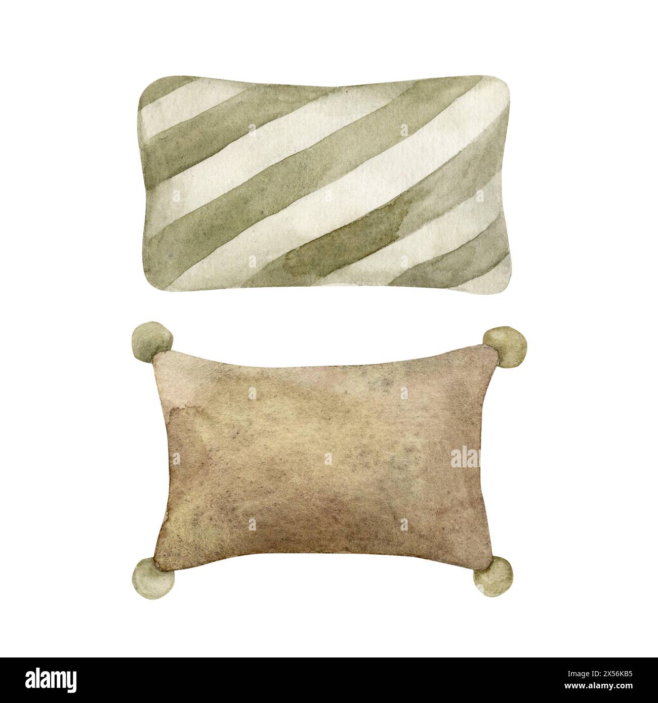 Illustrazione in acquerello di morbidi cuscini in tessuto marrone e verde per interni diversi. Illustrazione isolata disegnata a mano per interni per bambini, Foto Stock