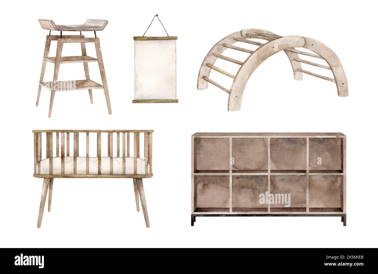 Un set di mobili per la stanza dei bambini, uno spogliatoio, una cassettiera con scaffali, una cornice per arrampicate. Illustrazione acquerello per bambini Foto Stock