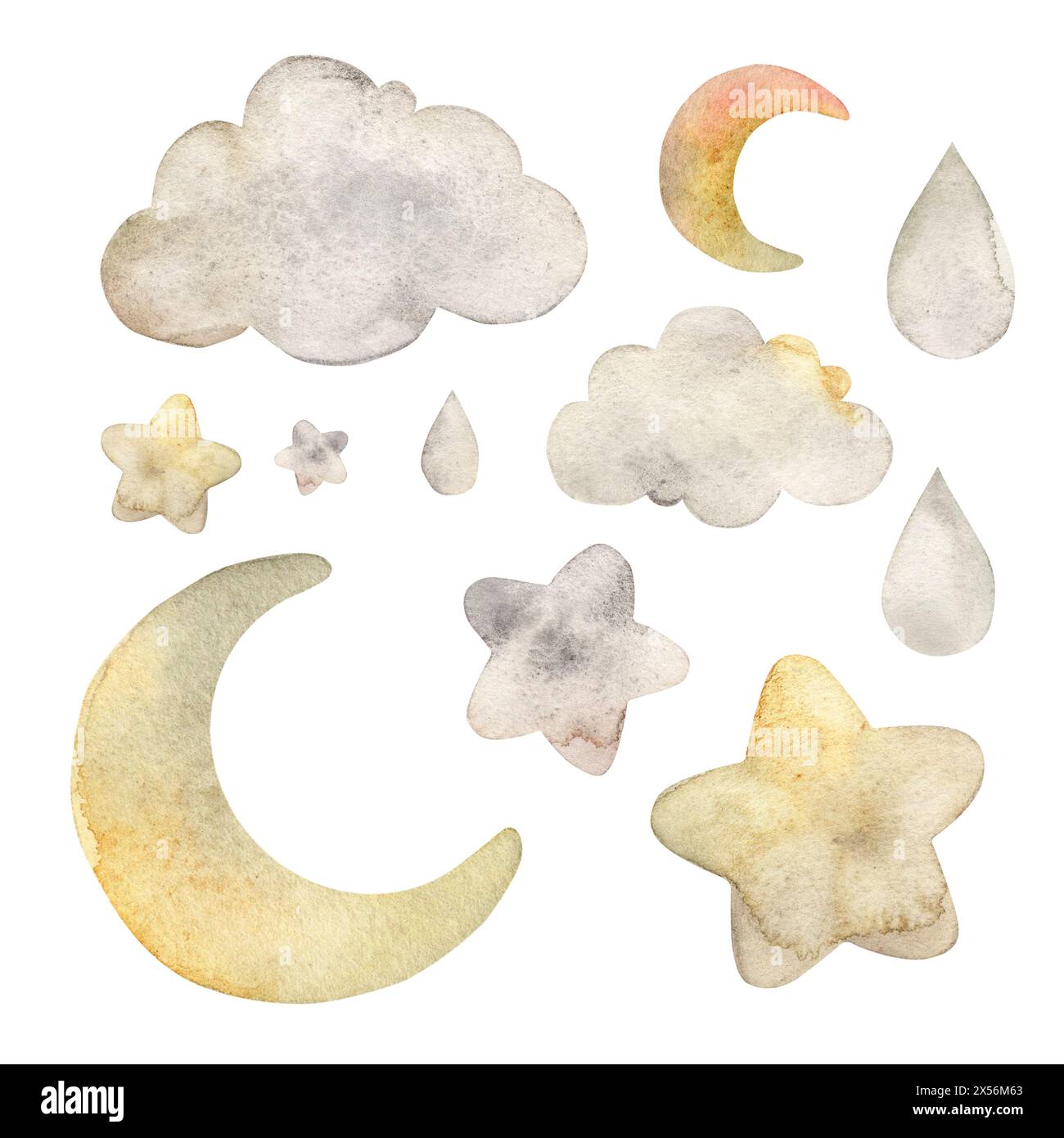 Set di elementi correlati al cielo, al mese giallo, alle nuvole bianche e alle stelle bellissime. Illustrazione isolata ad acquerello per interni per bambini, schede, S. Foto Stock