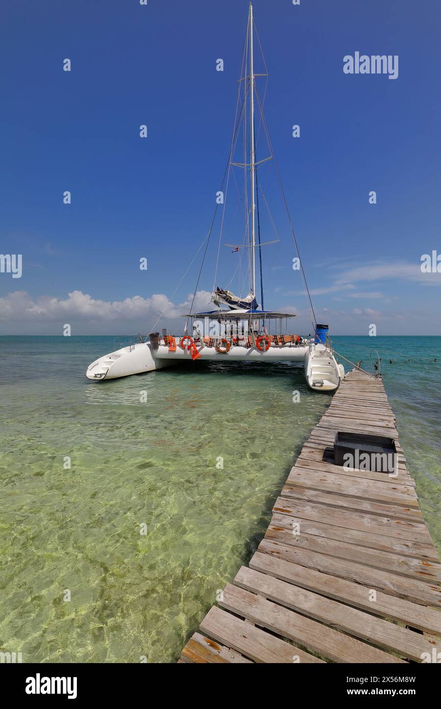 256 molo di legno presso Cayo Iguana o Macho de Afuera Key, ormeggio per il catamarano turistico che naviga dall'isola principale e ritorno. Trinidad-Cuba. Foto Stock