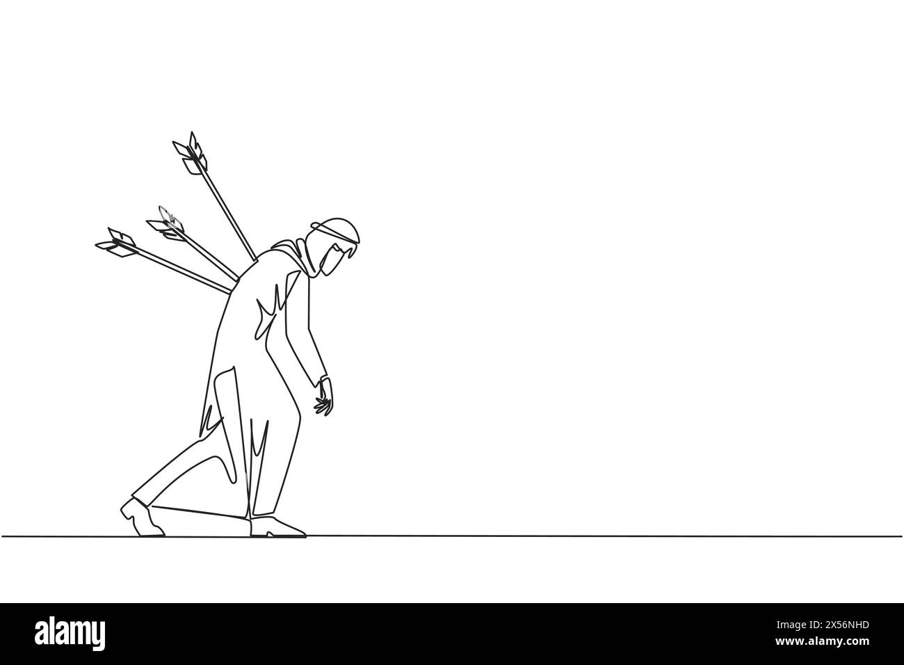 Una linea continua che disegna un uomo d'affari arabo in piedi e diverse frecce attaccate sul retro. Attaccato da dietro. Distrutto e indifeso. Parte finta Illustrazione Vettoriale