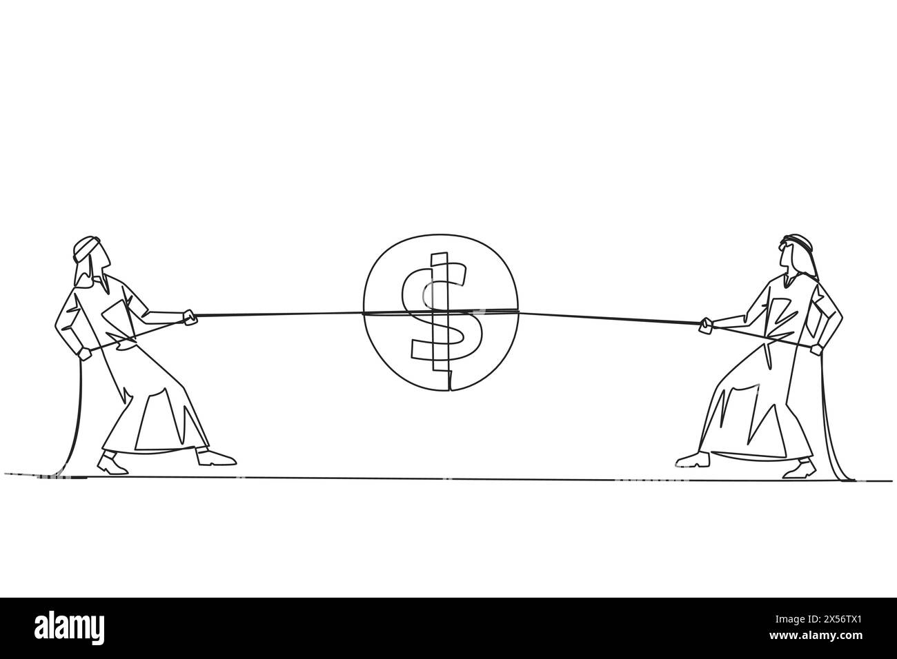 Linea continua che attira due uomini d'affari arabi che combattono per una moneta con il simbolo del dollaro. Competere per i diritti che devono essere ricevuti, anche se piccolo t Illustrazione Vettoriale