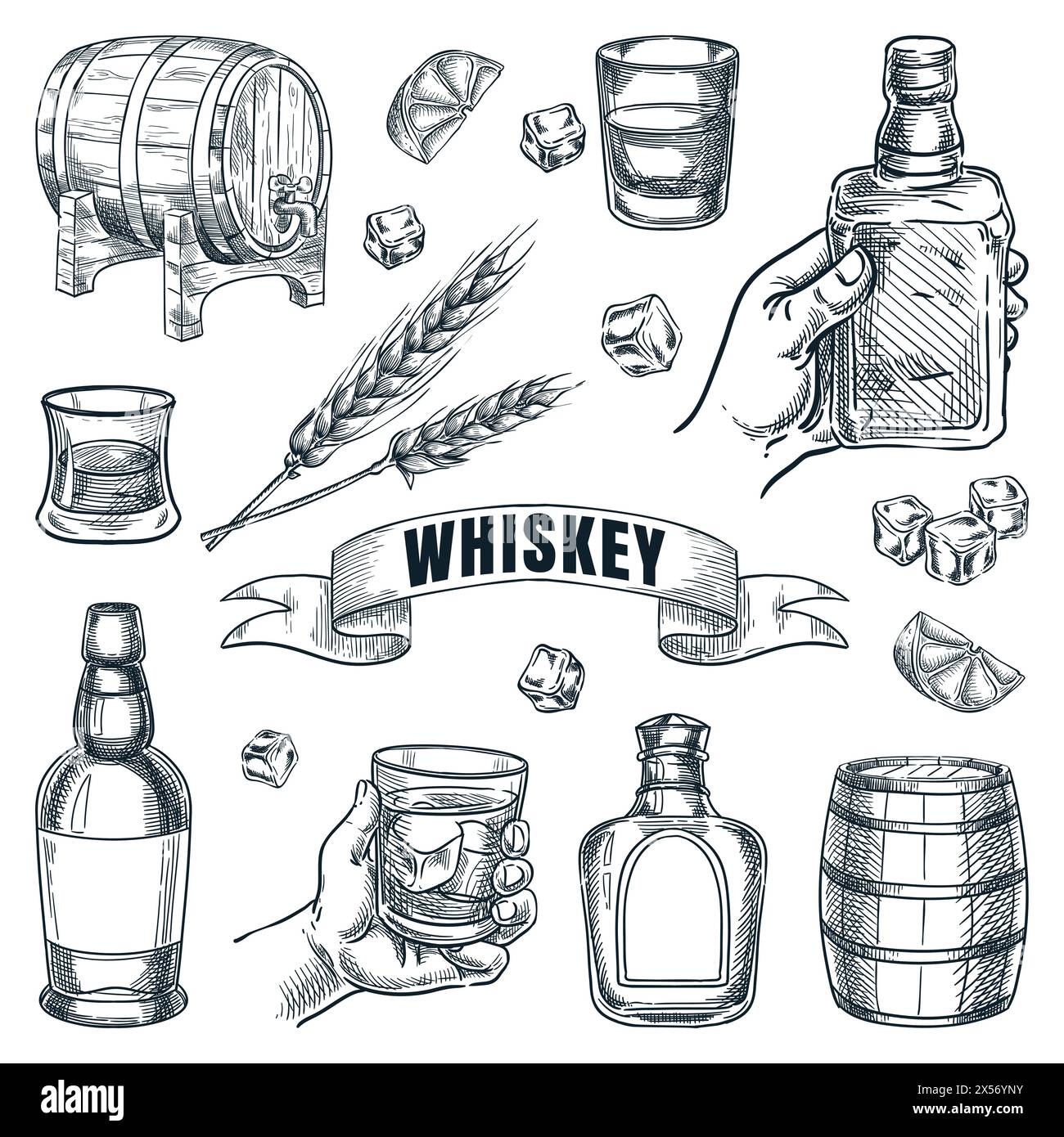 Bottiglie di whiskey, barili e bicchieri vettoriali illustrazione disegnata a mano. Elementi di design per menu di bevande alcoliche da pub e bar Illustrazione Vettoriale