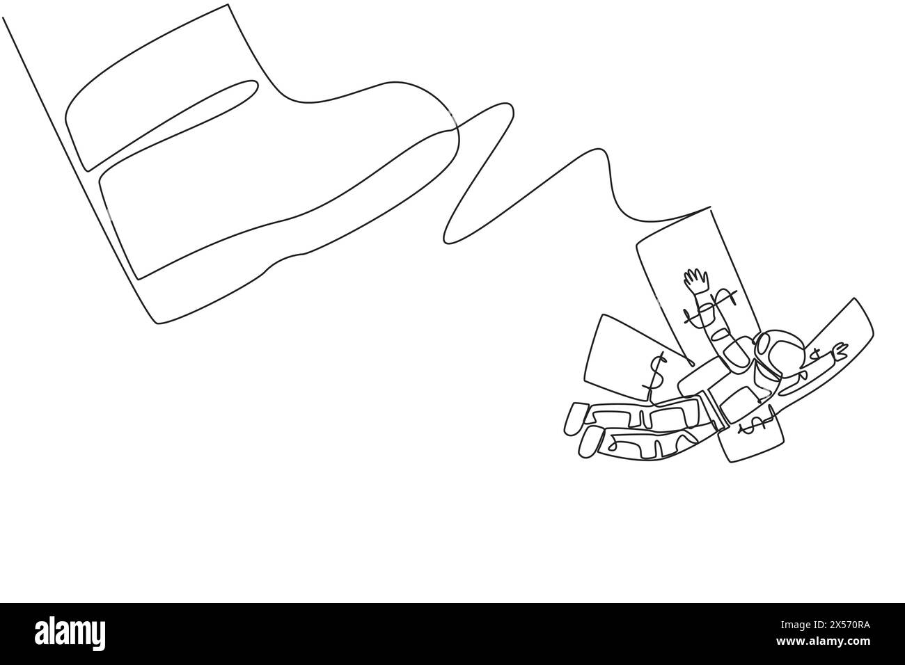 Astronauta con una sola linea che disegna volando con ali di banconote. Volo di prova per effettuare una missione di atterraggio sulla superficie lunare. Galassia cosmica esterna sp Illustrazione Vettoriale