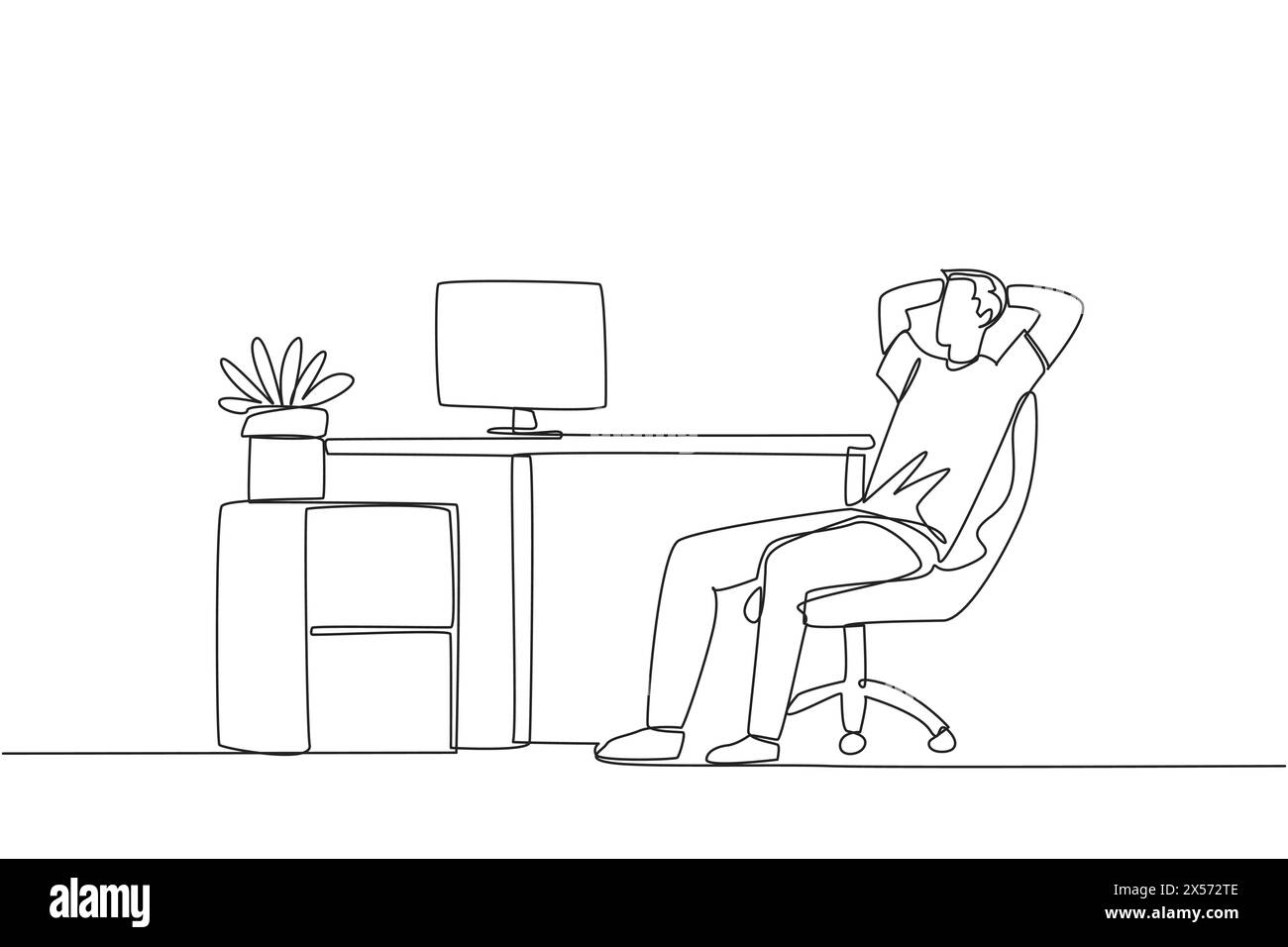 Una sola linea disegna un uomo rilassato seduto su una sedia da lavoro con le mani dietro la testa. Lavoro straordinario nei fine settimana. Rilassati per un momento dal ritmo frenetico Illustrazione Vettoriale