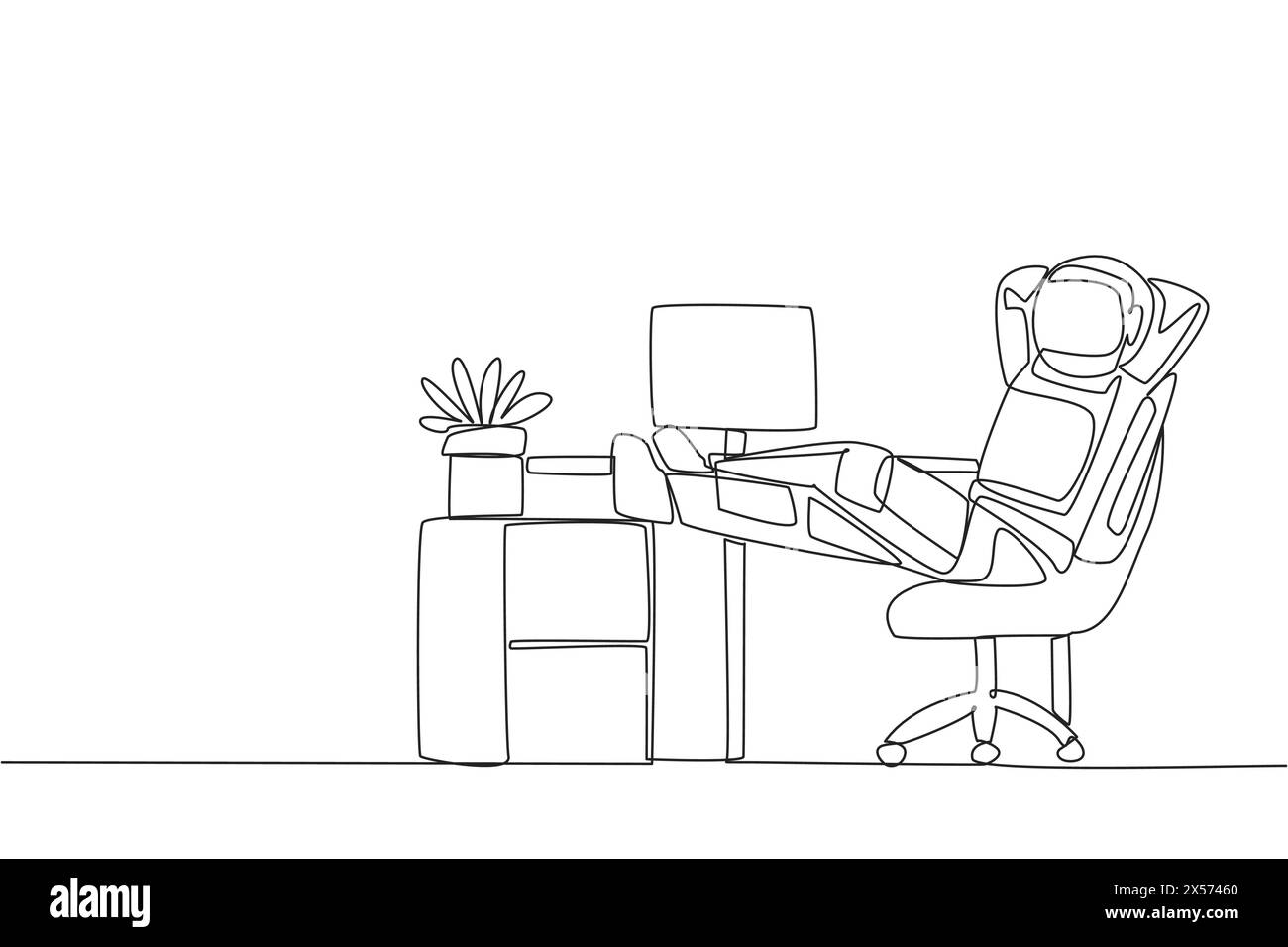 Un astronauta che disegna una linea continua siede su una sedia da lavoro con le mani dietro la testa e le gambe sollevate sulla scrivania. Rilassante. Prenditi una pausa dalla disfatta Illustrazione Vettoriale