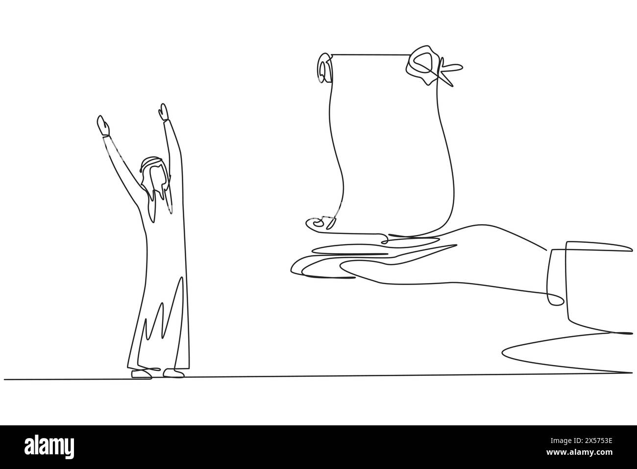 Un uomo d'affari arabo che disegnava una linea continua era entusiasta di ottenere un rotolo di carta stampata dalla mano gigante. Regalo inestimabile. Vecchio modo. Aumento inco Illustrazione Vettoriale