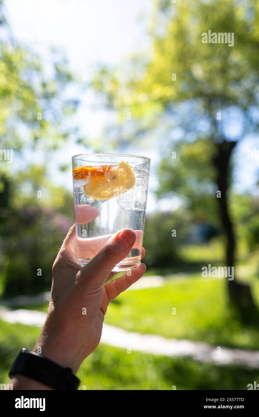 Una mano solleva un bicchiere rinfrescante di acqua frizzante con ghiaccio e fette di limone e arancia. Sullo sfondo si può vedere un bellissimo giardino primaverile Foto Stock