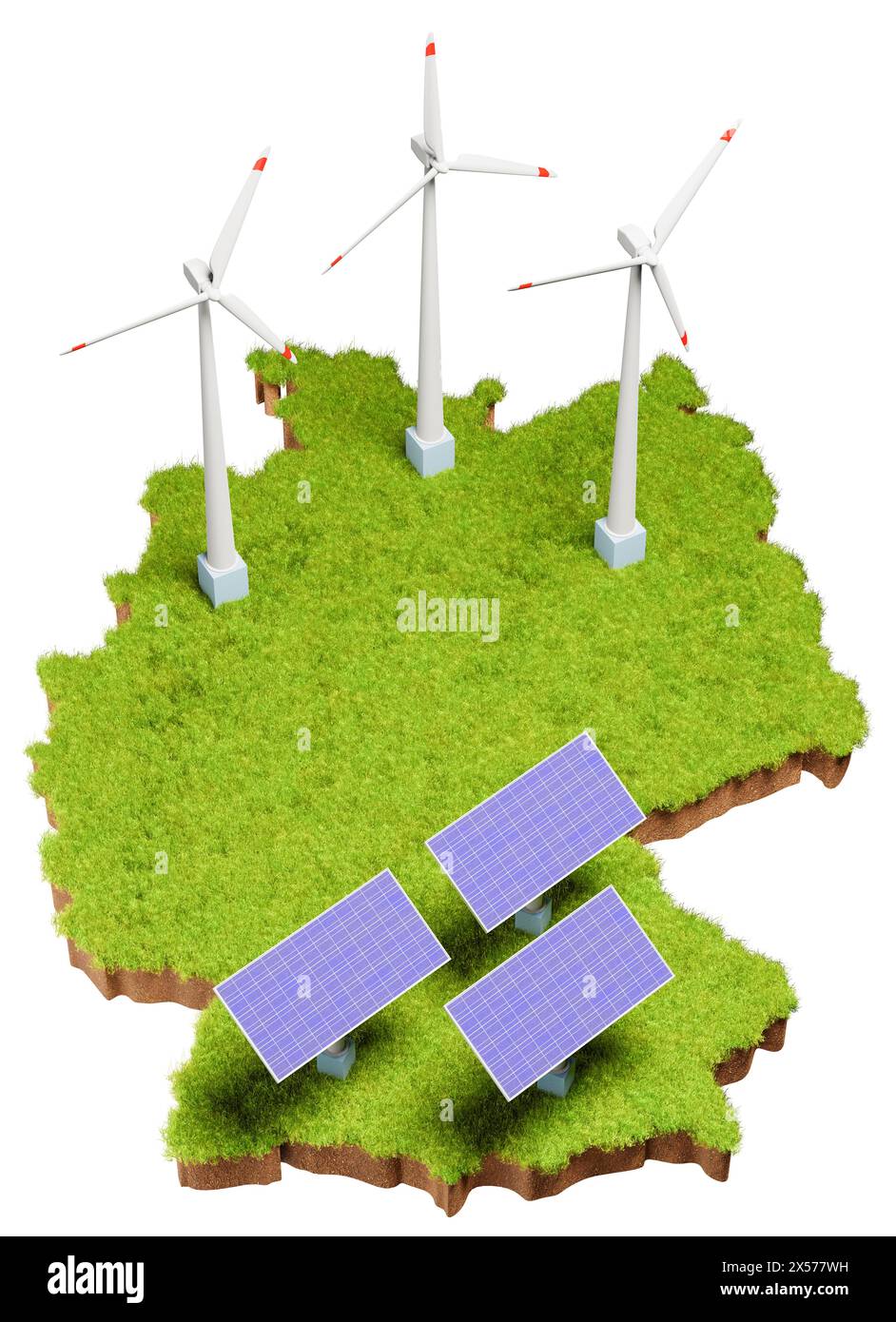 Energia rinnovabile con pannelli solari e turbine eoliche in Germania. Superficie erbosa con terreno sottostante sotto forma di Germania con pannelli solari aggiunti e. Foto Stock
