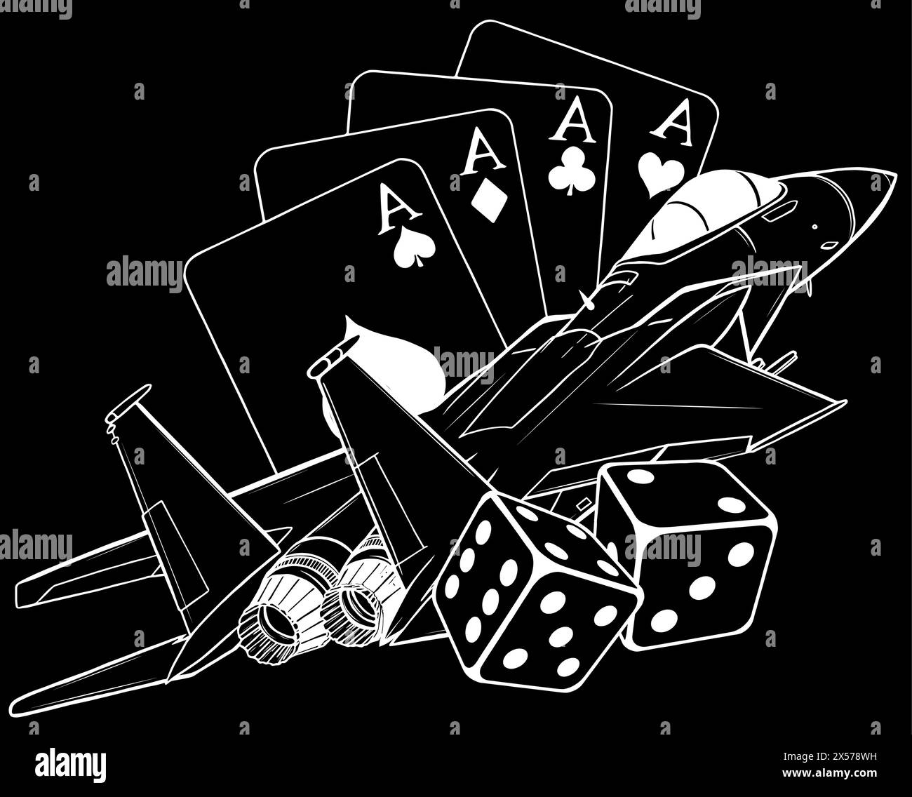 Silhouette bianca dell'illustrazione vettoriale Jet Fighter. Aereo militare su sfondo nero Illustrazione Vettoriale