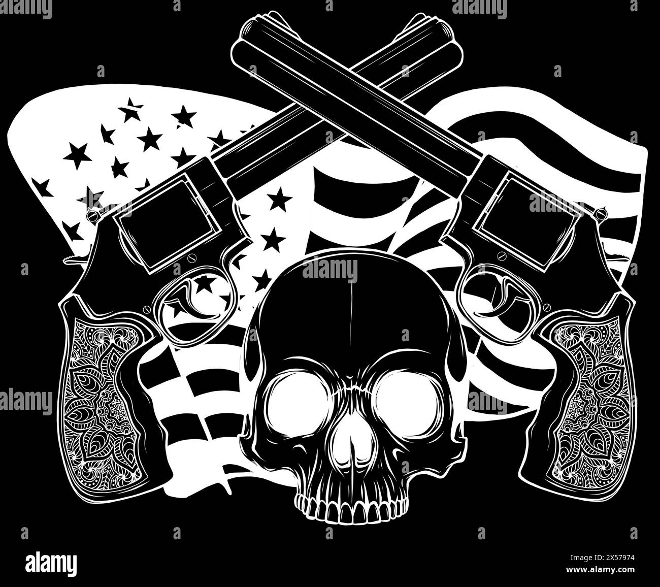 silhouette bianca del cranio con revolver con bandiera americana su sfondo nero Illustrazione Vettoriale