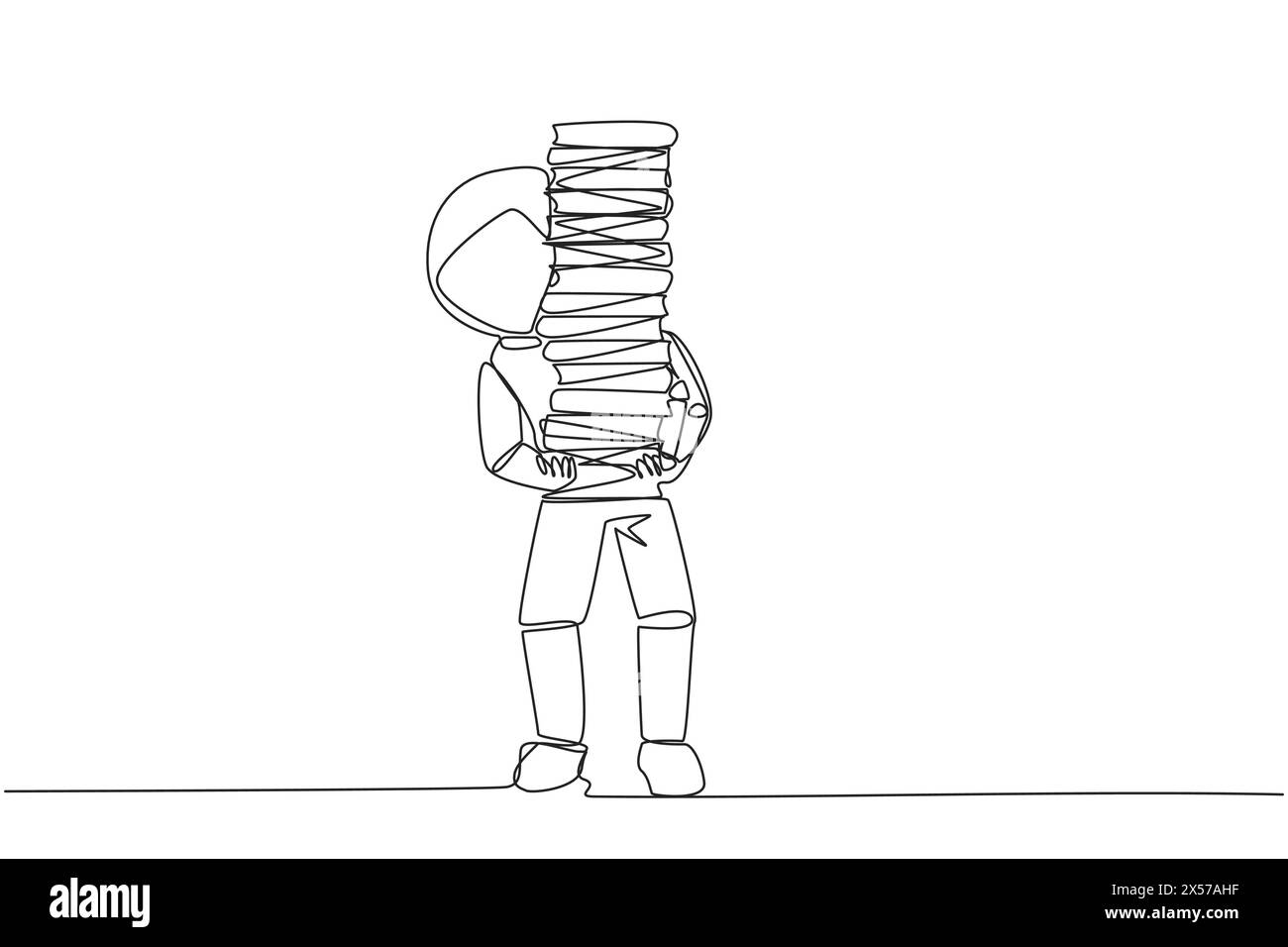 Una linea continua che disegna un astronauta che trasporta un'alta pila di libri che si copre. Libro appena acquistato dalla libreria. Leggi i libri uno per uno all'ho Illustrazione Vettoriale