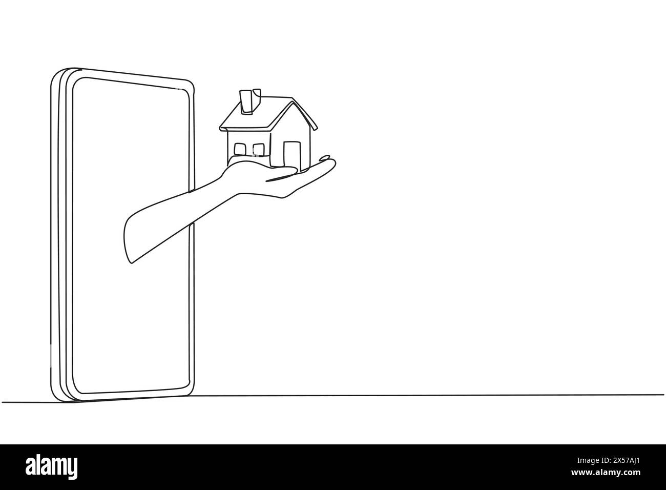 Una singola linea continua che disegna le mani dal centro dello smartphone che tiene una casa in miniatura. Ottenere la migliore risorsa sotto forma di casa da busi Illustrazione Vettoriale