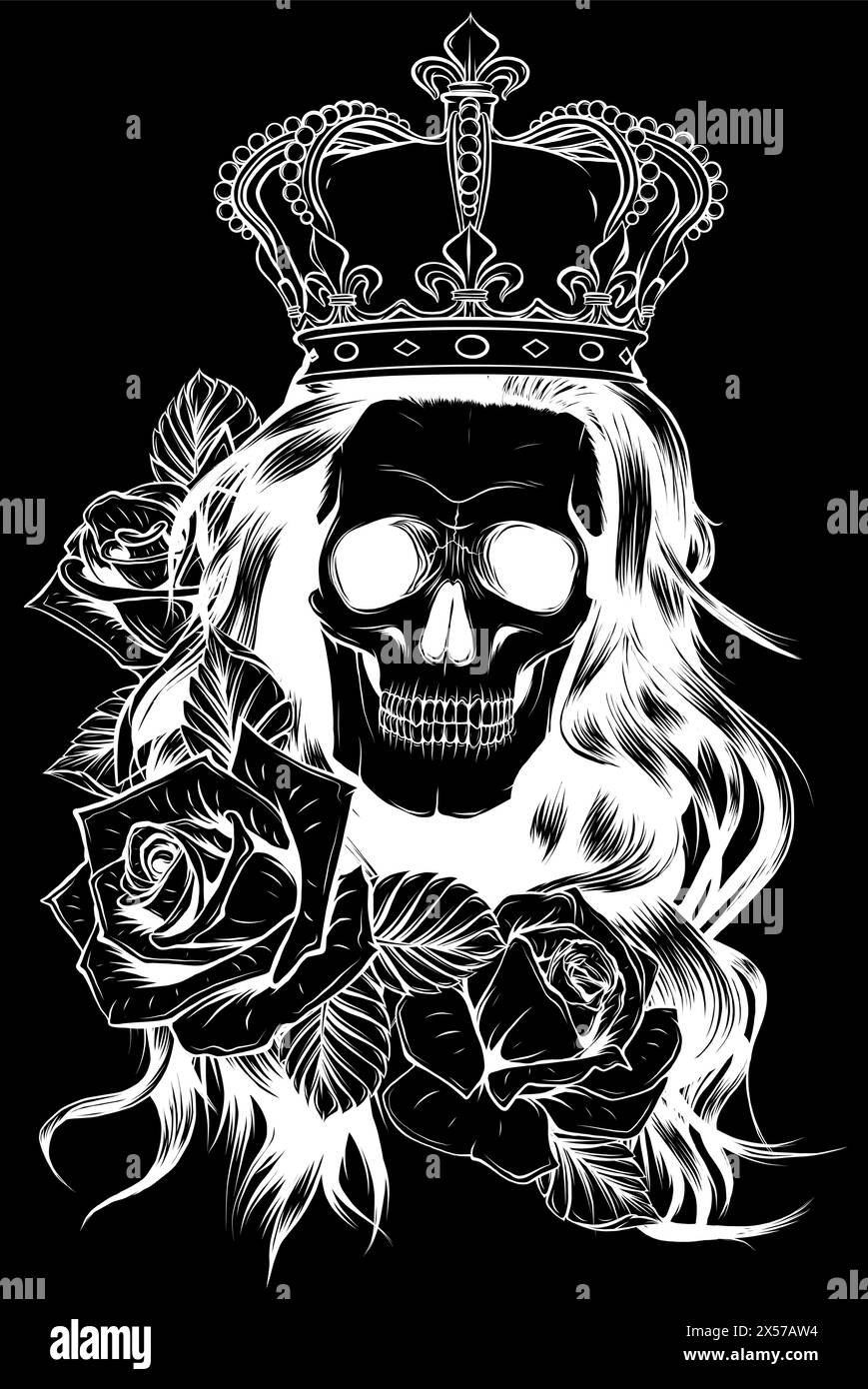 Silhouette bianca del cranio della regina con corona e fiori di rose su sfondo nero Illustrazione Vettoriale