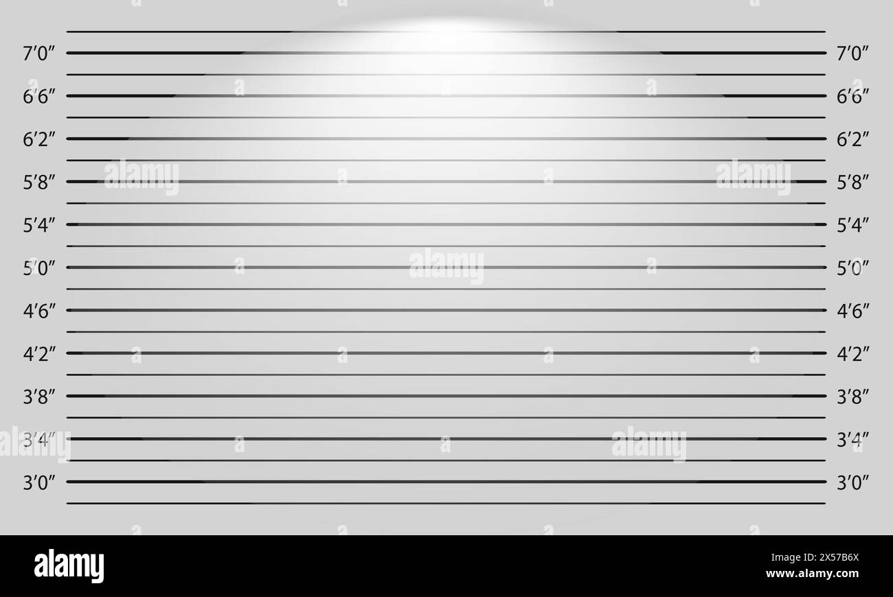 Allinea il modello di foto con l'effetto di illuminazione. Sfondo per profilo ladro. Grafico dell'altezza di pollici della polizia per le foto di identificazione di persone ricercate, arrestate o sospette. Illustrazione vettoriale. Illustrazione Vettoriale