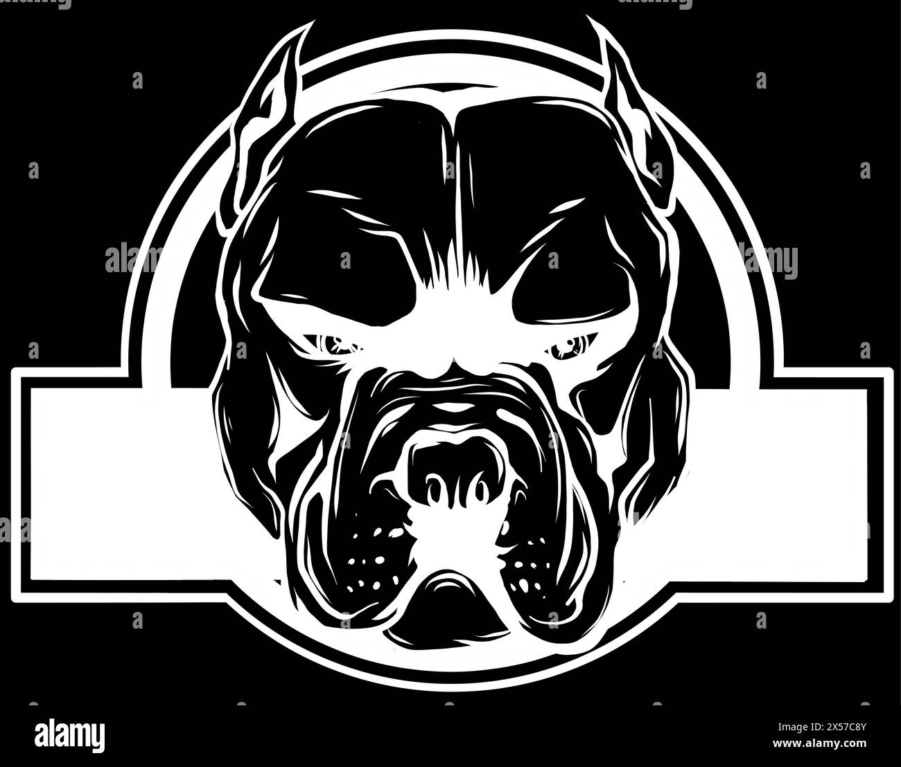 Silhouette bianca di Angry Pitbull Dog Cartoon su sfondo nero Illustrazione Vettoriale