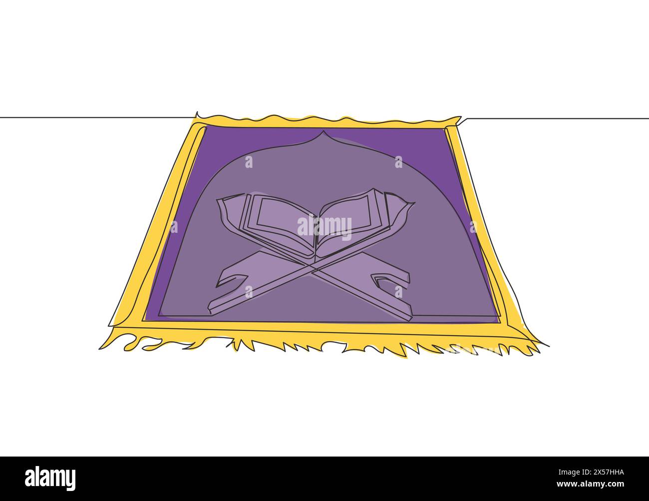 Un disegno di linea continuo di Sajadah, tappeto che usa per pregare per i musulmani e corano sopra. Culto di persona musulmana concetto di linea singola disegno d Illustrazione Vettoriale