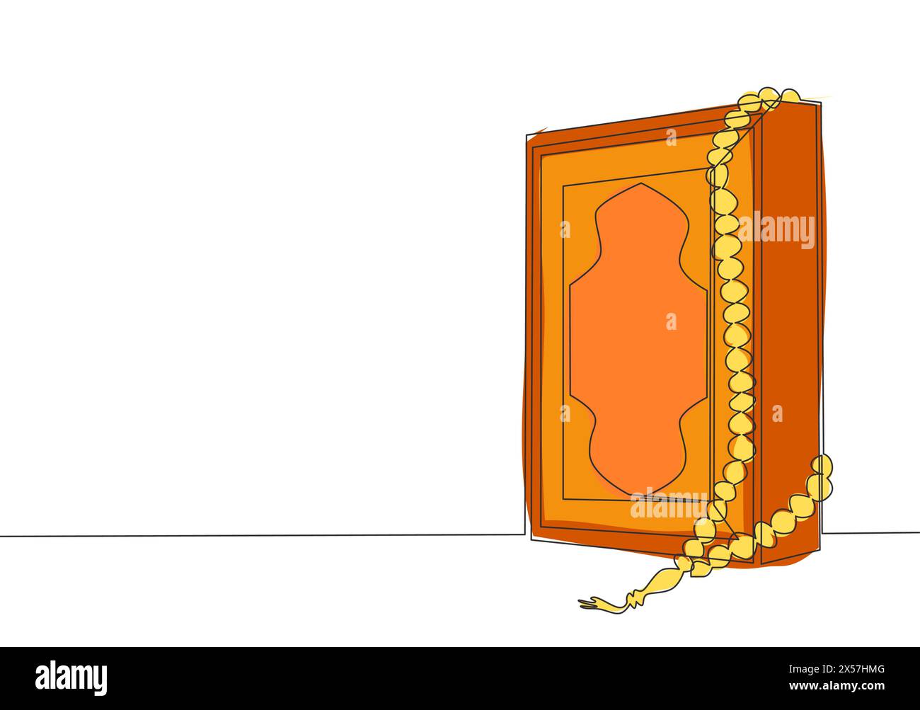 Disegno a linea continua singolo del libro santo di Quran della persona musulmana e di un tasbih, uso come attrezzi di richiamo a Dio. Pregare ricordare a Dio concetto uno l Illustrazione Vettoriale