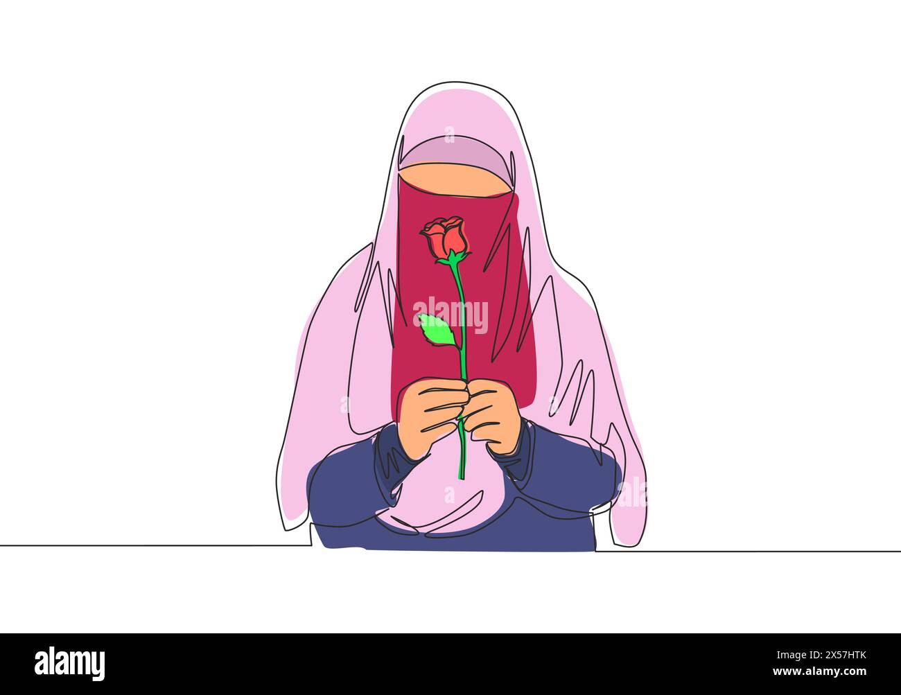 Un disegno su una sola linea di giovani e attraenti muslimah asiatiche che indossano burqa e tengono in mano fiori di rosa. Tradizionale concetto di tessuto niqab donna araba di bellezza Illustrazione Vettoriale