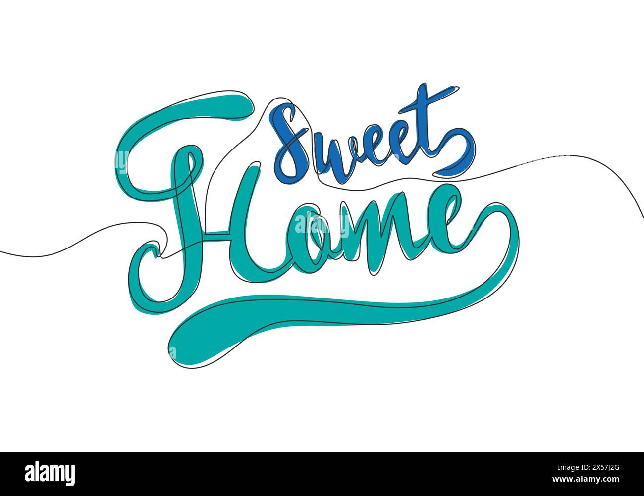Disegno a linea singola continua di citazioni tipografiche motivazionali e ispiratrici - Home Sweet Home. Design calligrafico per stampa, cartoncino, ba Illustrazione Vettoriale