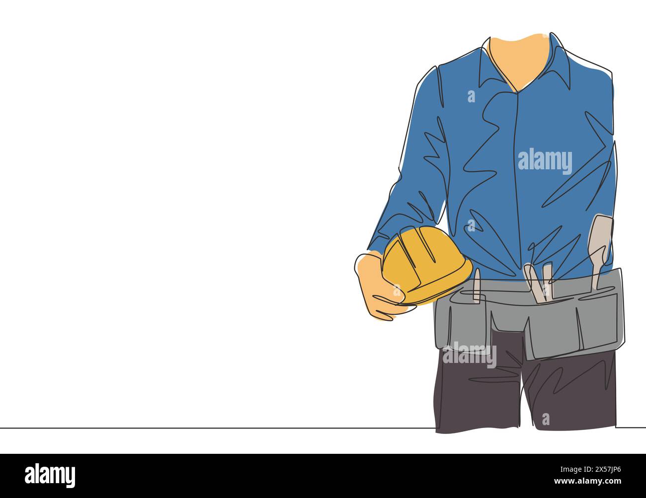 Un disegno su una sola linea di un giovane caposquadra che indossa la cintura degli attrezzi e tiene il casco. Concetto di servizio di manutenzione per le costruzioni da parte del riparatore. Conti Illustrazione Vettoriale