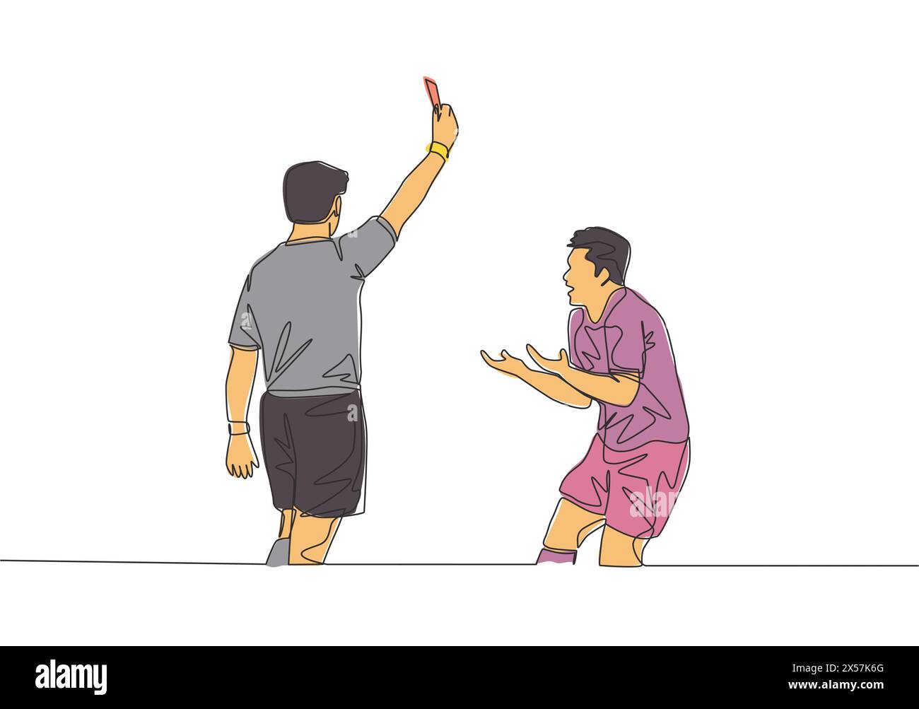 Un solo disegno continuo dell'arbitro ha punito un giovane giocatore di calcio con un cartellino giallo per il suo fallo durante la partita. Concetto di sport per partite di calcio. Una linea Illustrazione Vettoriale