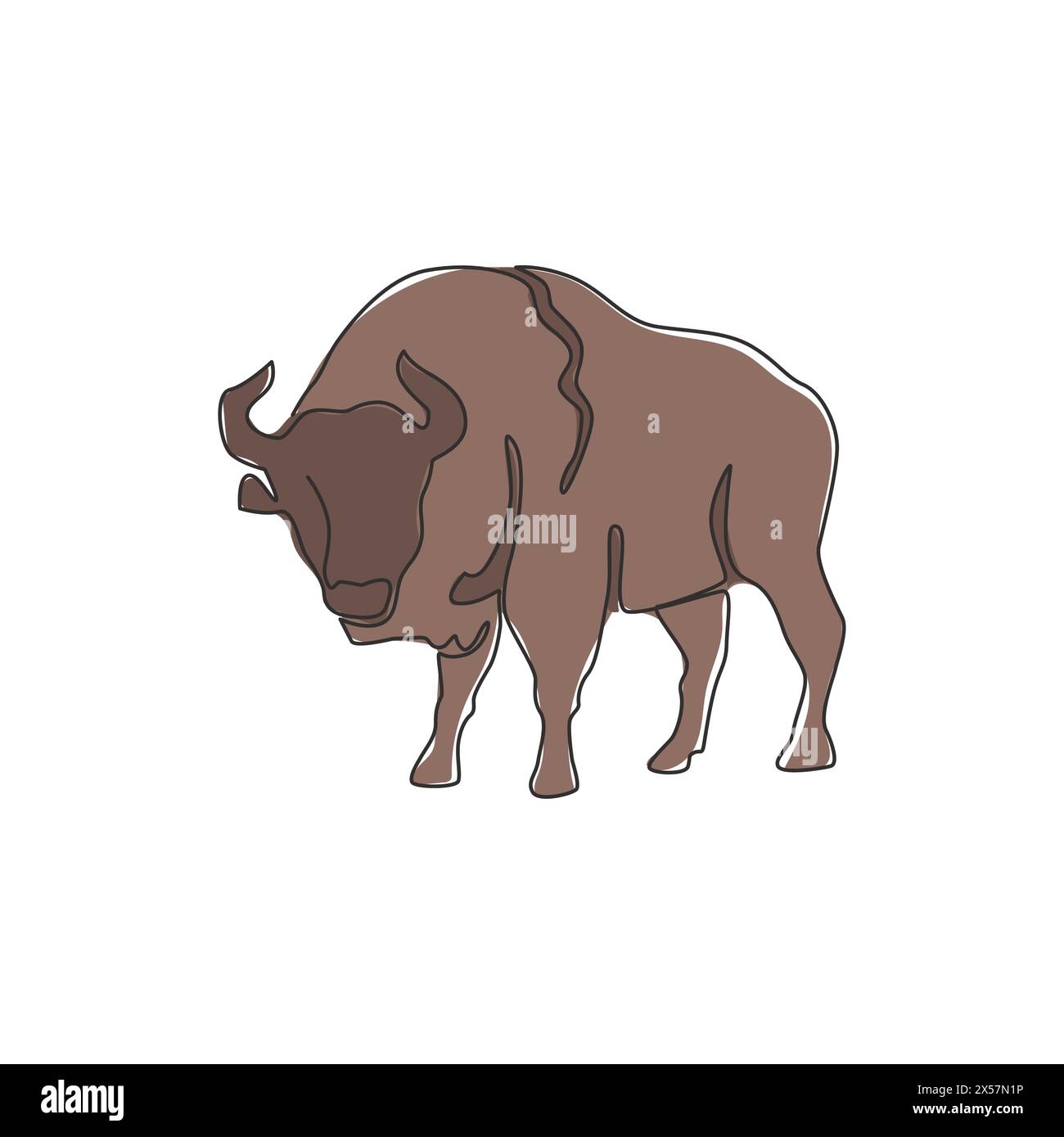 Disegno a linea singola continua di eleganza bisonte americano per l'identità del logo dell'azienda multinazionale. Elegante concetto di mascotte toro per lo spettacolo matador. Alla moda Illustrazione Vettoriale