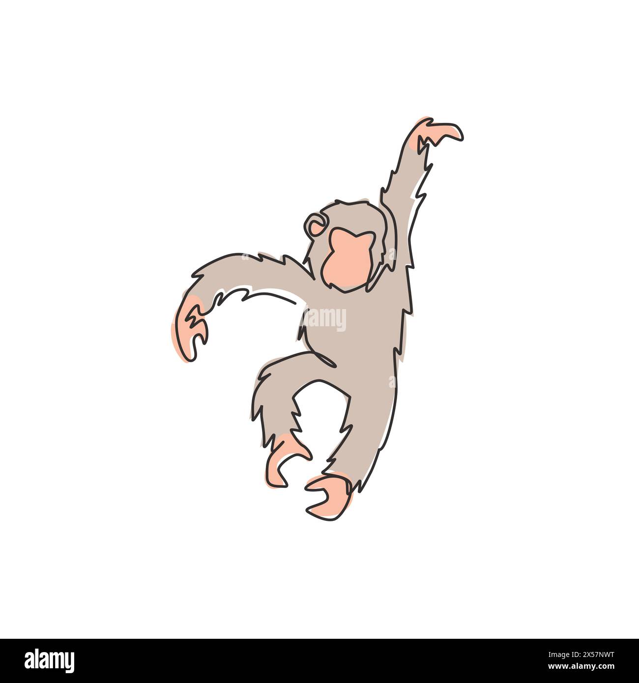 Disegno a linea singola continua di uno scimpanzé da salto per l'identità del logo nazionale dello zoo. Adorabile mascotte animale primate per icona di spettacolo circense. Illustrazione Vettoriale