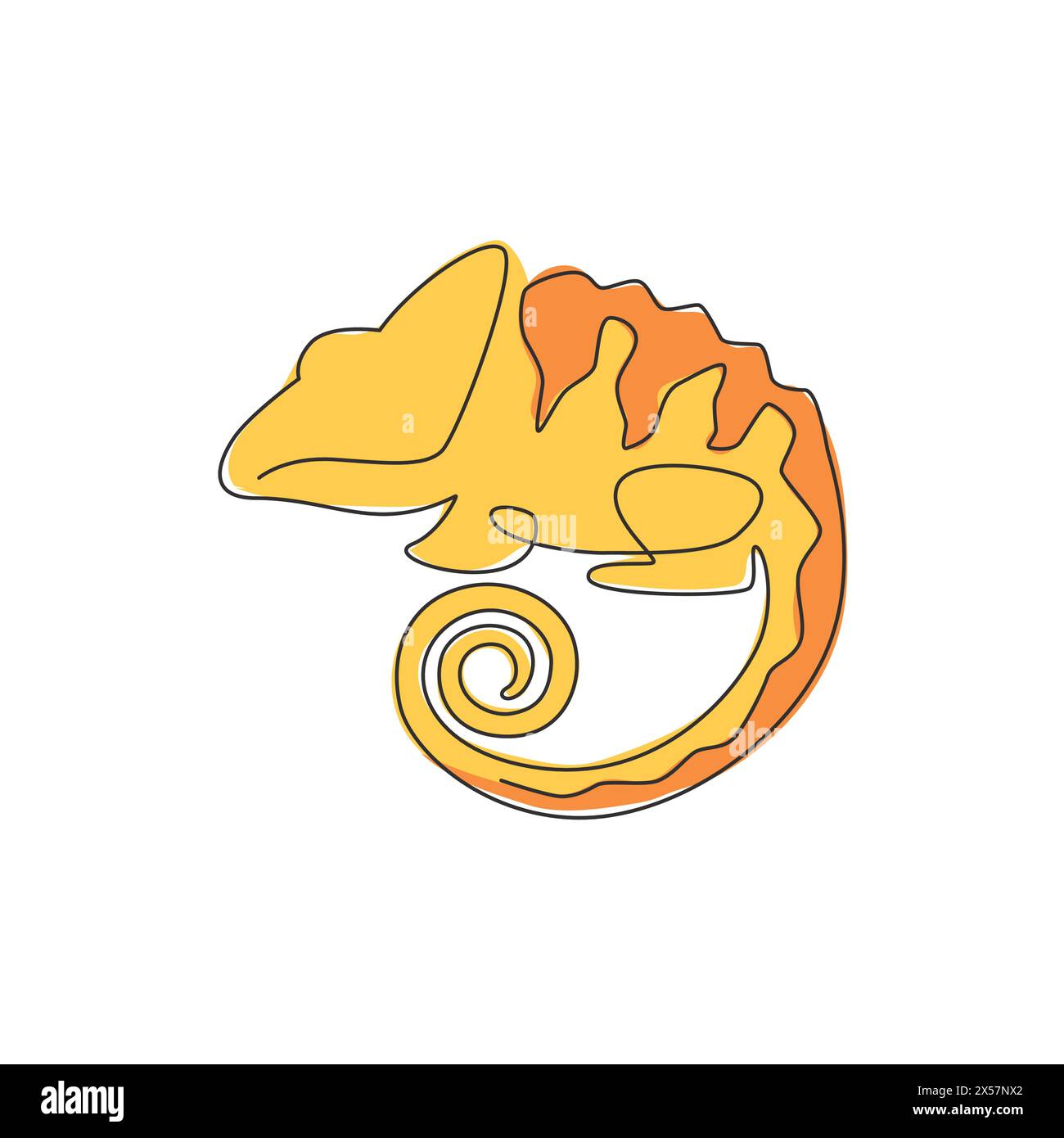 Un disegno continuo di camaleonte di bellezza con il concetto di mascotte a coda a spirale per la società degli amanti degli animali da compagnia. Animale rettile esotico per il registro aziendale Illustrazione Vettoriale