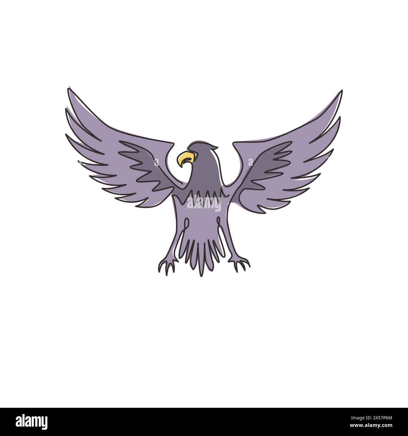Disegno a linea continua di un'aquila eroica per l'identità del logo della squadra e-sport. Il concetto della mascotte Falcon Bird per l'icona del cimitero. Vettore dinamico a una linea Illustrazione Vettoriale