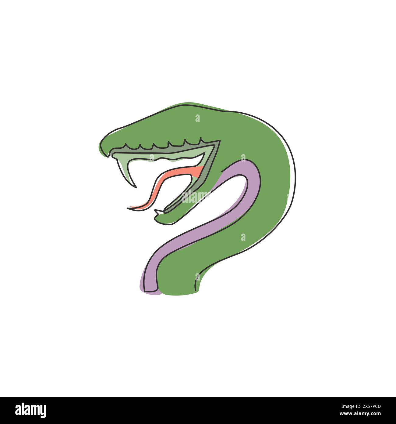 Un disegno su una sola linea di serpente velenoso per il logo della medicina. Il concetto di mascotte cobra letale per una pericolosa icona di pozione letale. Sempre alla moda Illustrazione Vettoriale