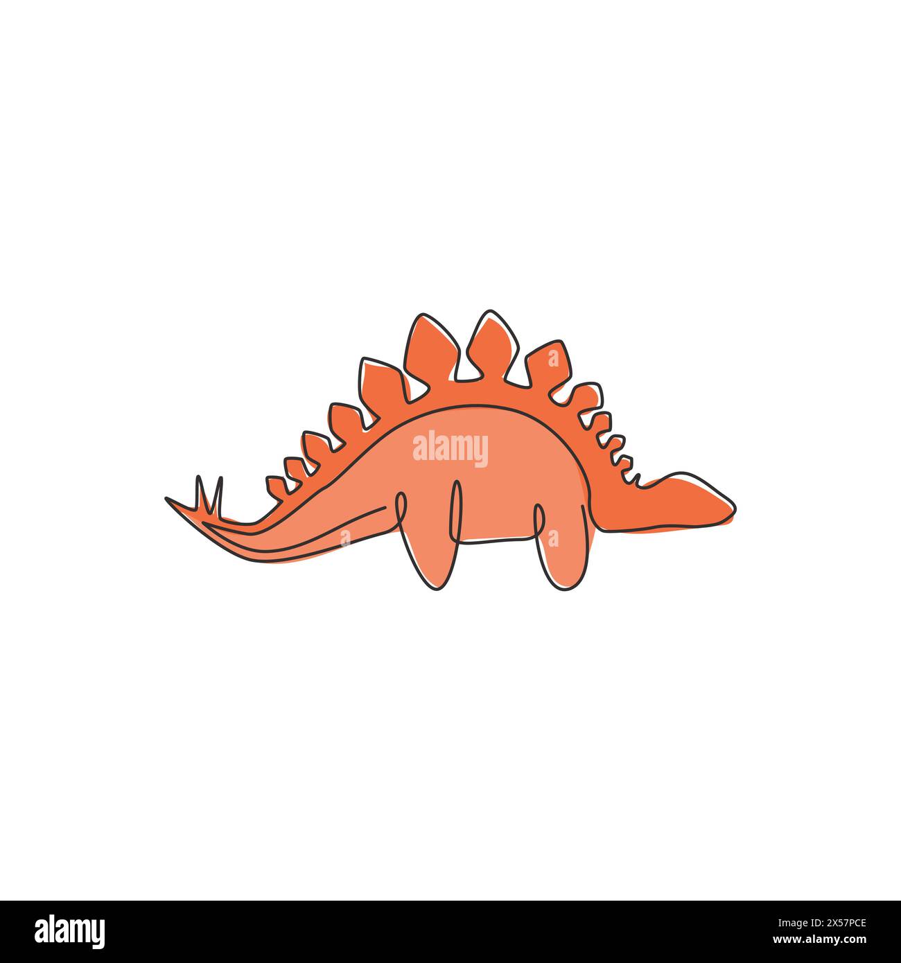 Un disegno continuo di dinosauri per l'identità del logo. Concetto di mascotte Stegosaurus per l'icona del museo preistorico. Moderno design a linea singola Illustrazione Vettoriale