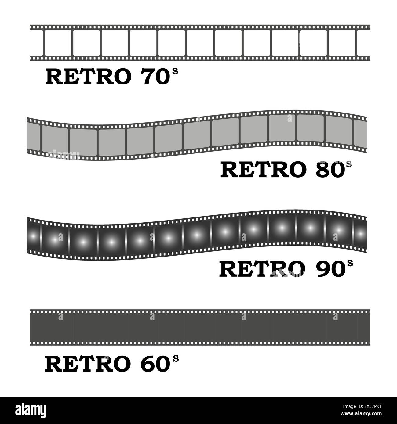 Set di pellicole vintage. Cinema Vector 60S.. Film anni '70. Bobina monocromatica 80s. Illustrazione Vettoriale