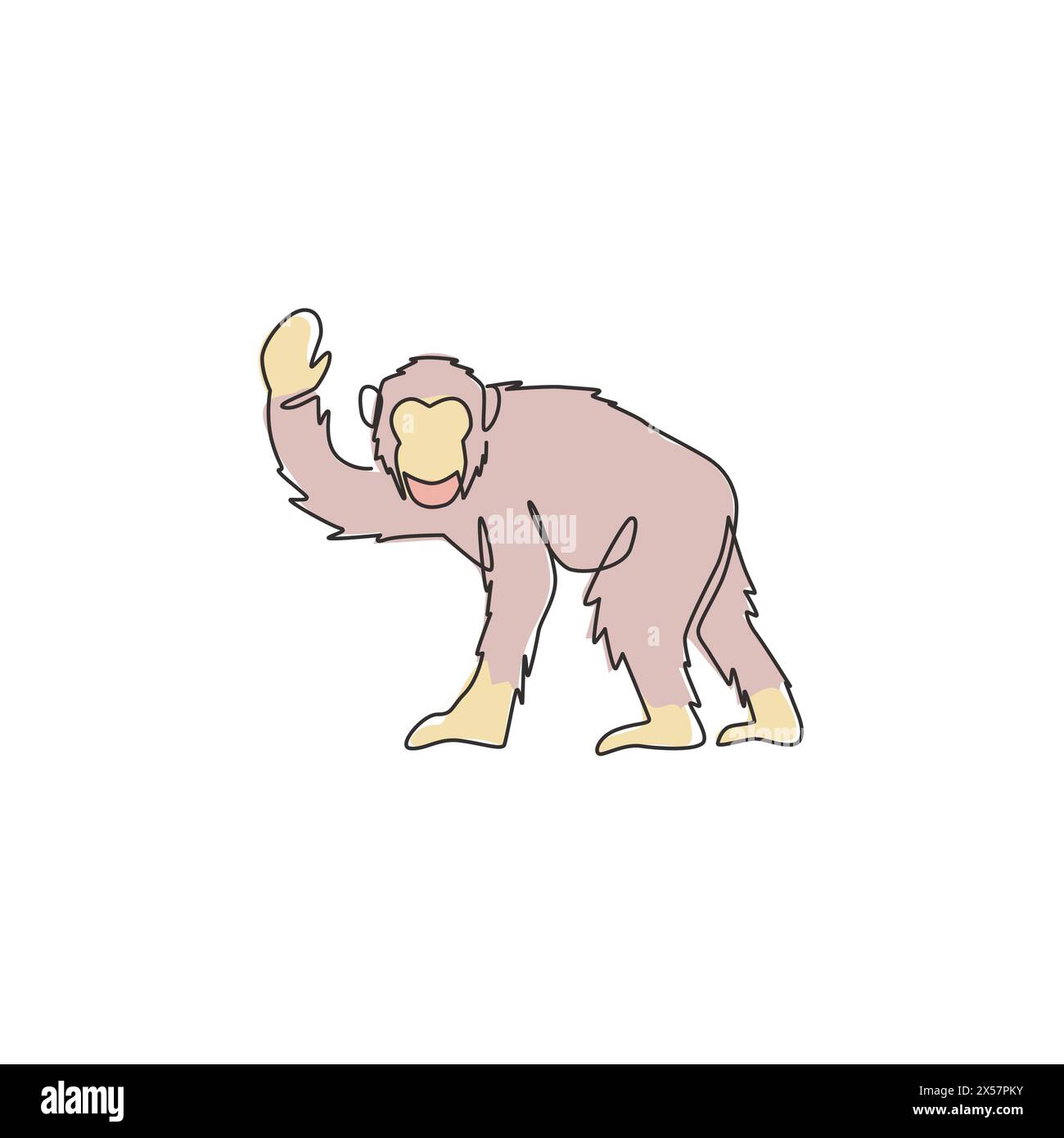 Disegno a linea singola continua di uno scimpanzé da salto per l'identità del logo nazionale dello zoo. Adorabile mascotte animale primate per icona di spettacolo circense. Illustrazione Vettoriale