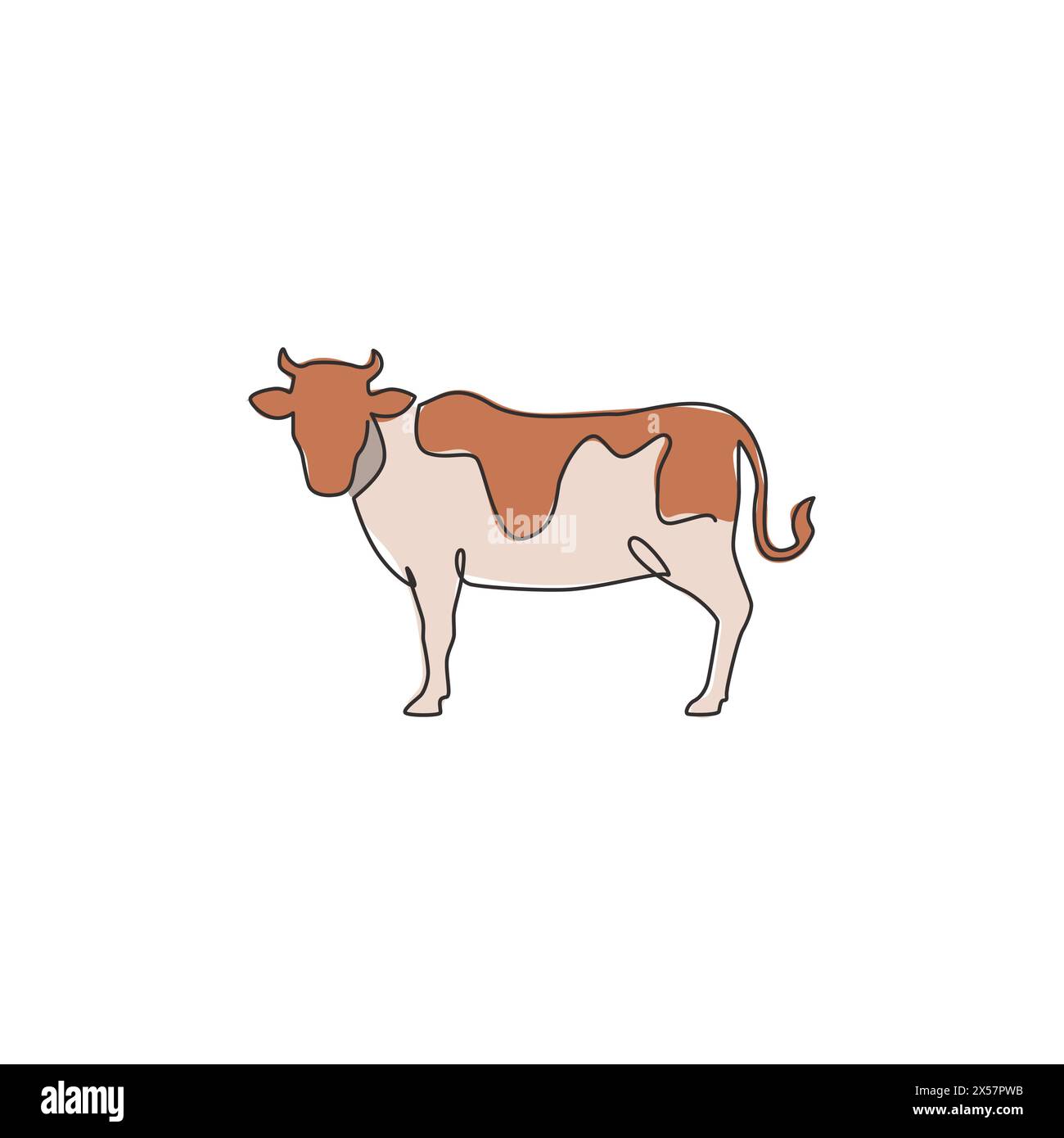 Un disegno su una sola riga di una mucca grassa per l'identità del logo dell'allevamento. Il concetto di mascotte di animali mammiferi per l'icona del bestiame. Disegno a linea continua del vettore Illustrazione Vettoriale