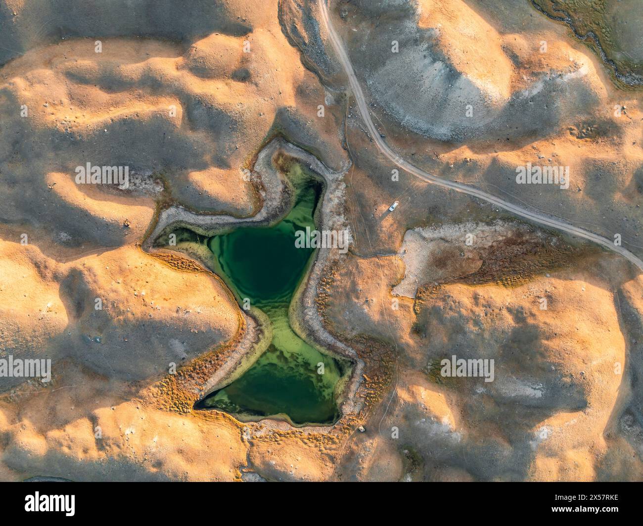 Laghi verdi tra colline dorate con strada sterrata, dall'alto verso il basso, vista aerea, Trans Alay Mountains, Pamir Mountains, provincia di Osher, Kirghizistan Foto Stock